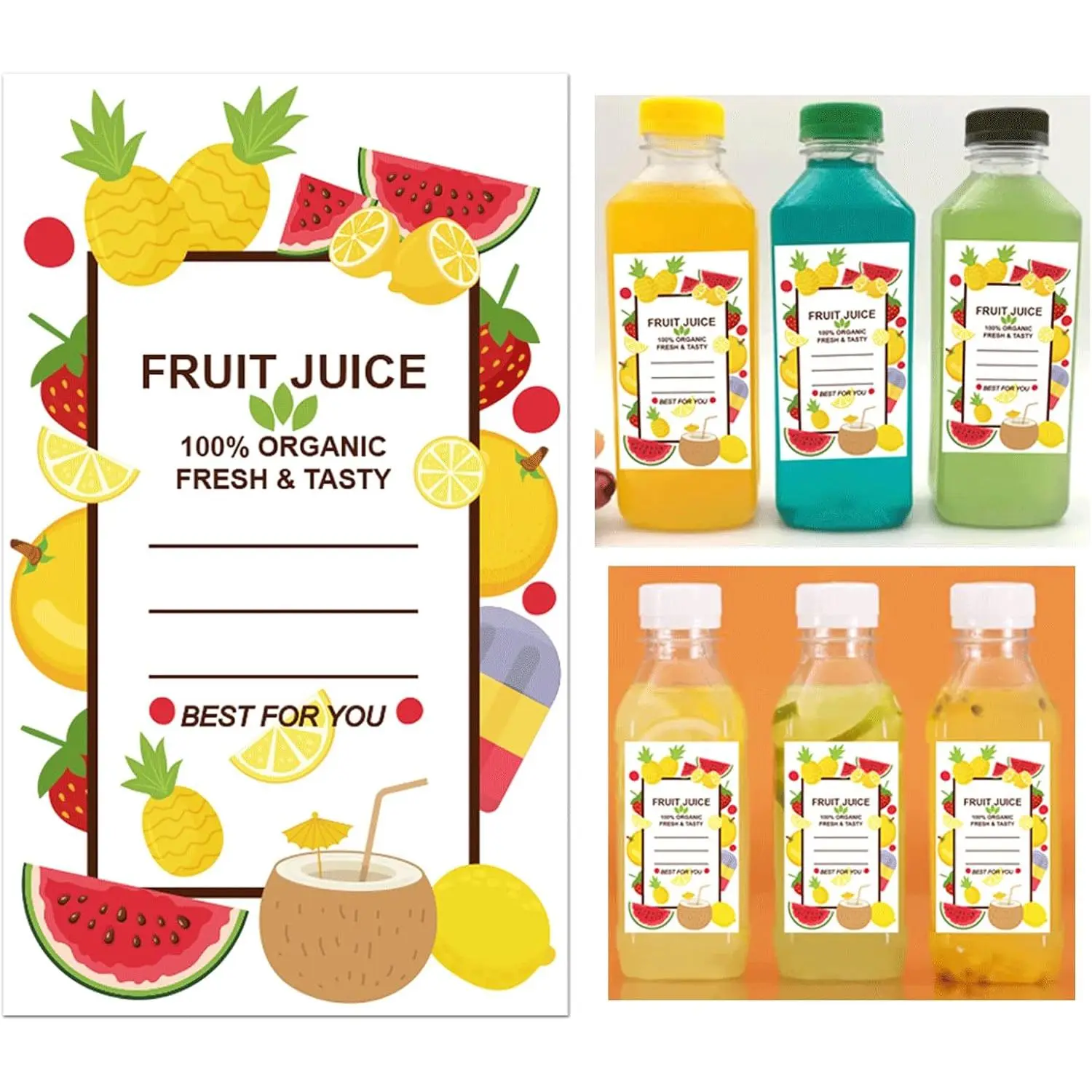 Summer Plastic Juice Bottle Labels Stickers Fruit Juice Drink Bottle Stickers 1.5 x 2.5 Inch Bulk Containers Bottles Label Sticker for 4oz 8oz 12oz Juice, Milk and Other Beverages Bottles 200 count