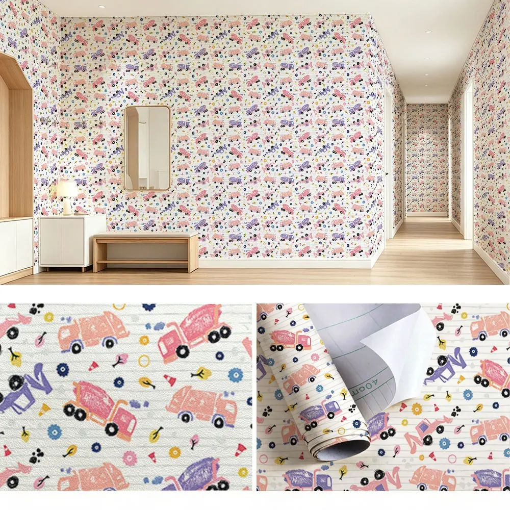 Cartoon Blue Construction Vehicle Pattern Wallpaper, PVC Material, Peel and Stick, Ideal for Kitchen/living Room/bedroom Decor