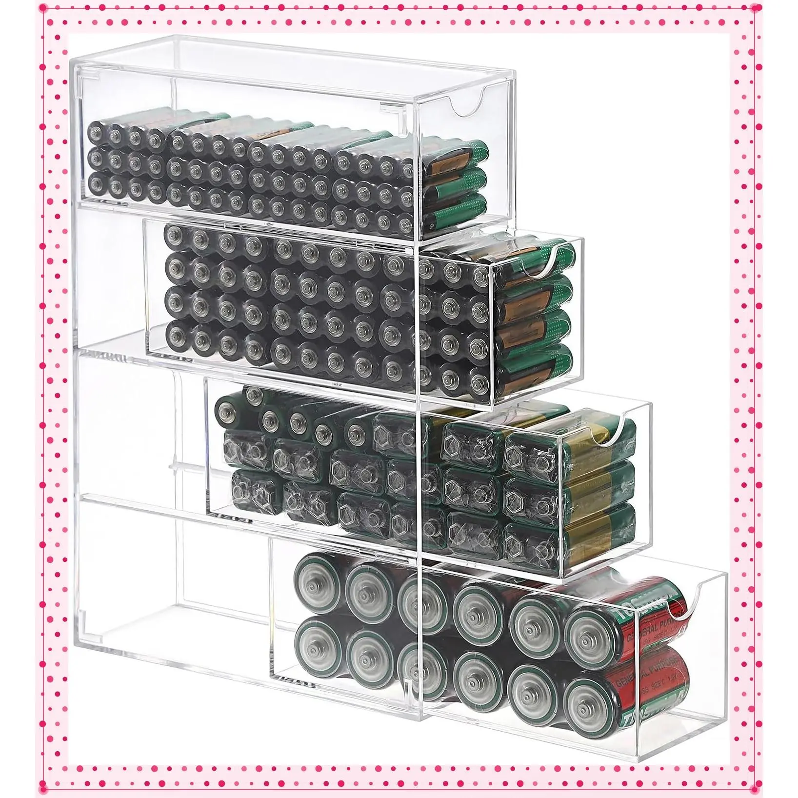 Clear Acrylic 4-Drawer Battery Storage Organizer for AA, AAA, 9V, C Batteries - Household Battery Holder Box, 1 Pack (Batteries Not Included)Gift