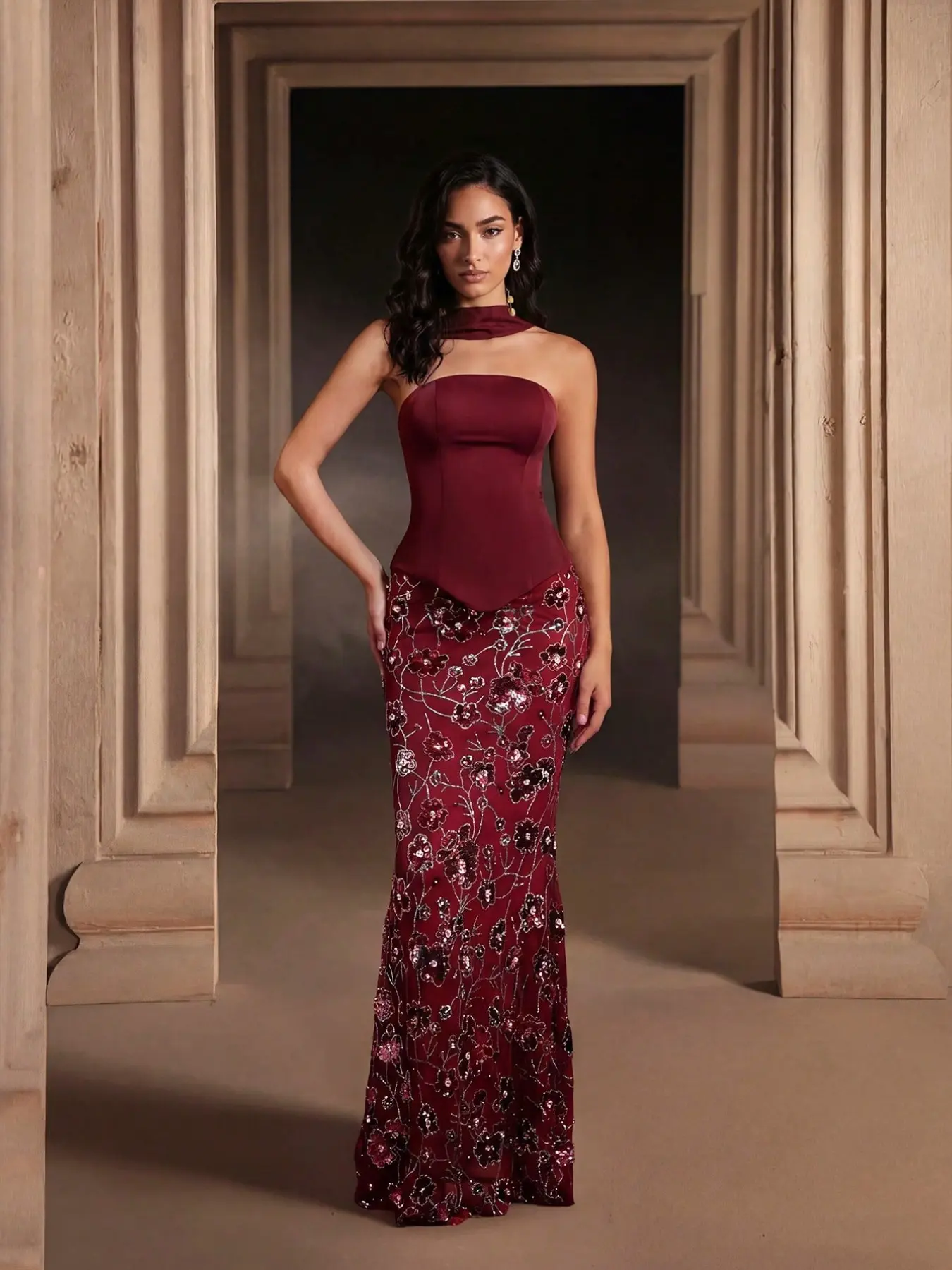 Burgundy Two-Piece Set, Strapless Top with Back Cross Straps, Floral Beaded Fish Tail Dress, Bridal Wedding Party Evening Gown, Embellished Beaded Gown