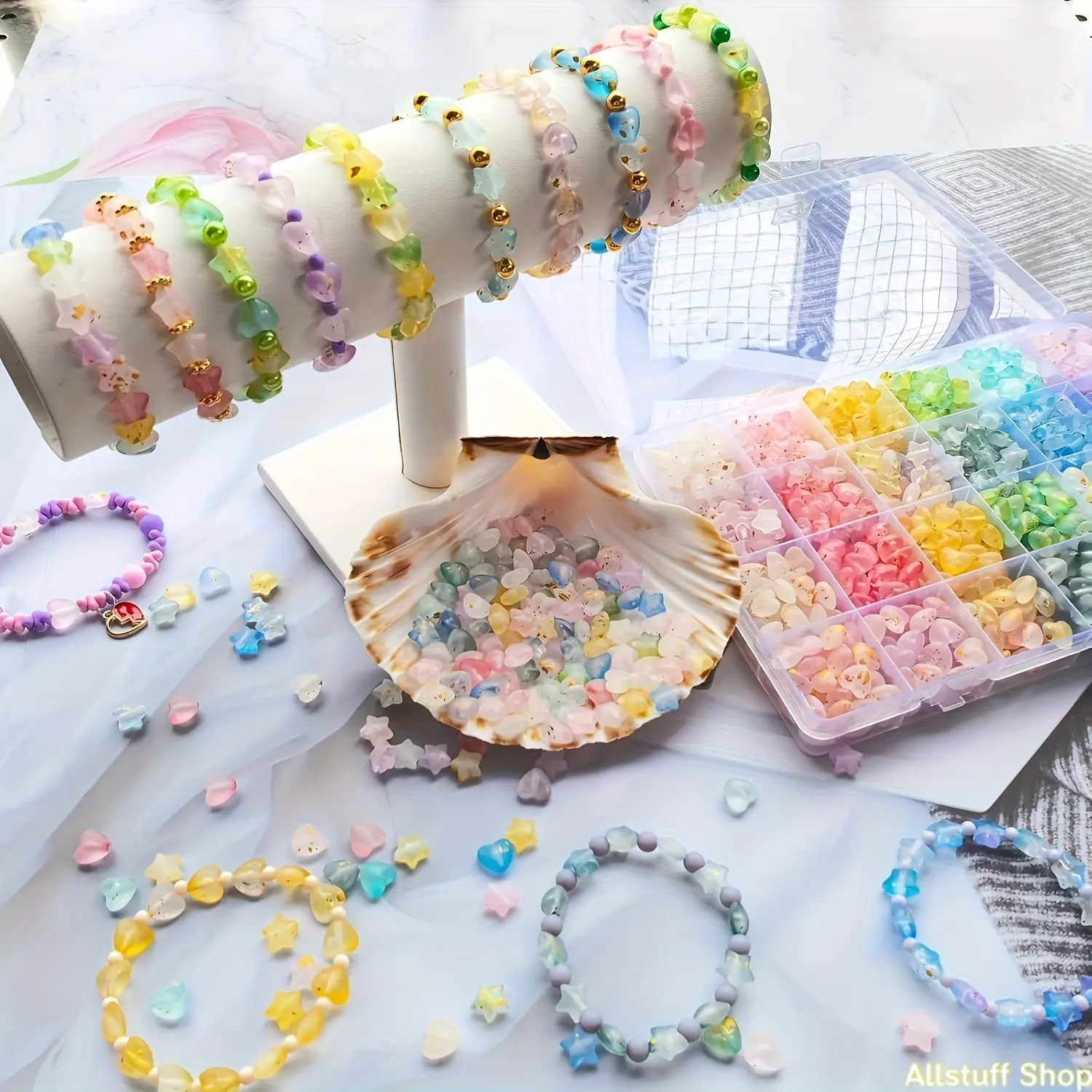 [Star Heart Bead Set] 960pcs Star and Heart Shaped Acrylic Bead Set - Jewelry Making Friendship  Kit, DIY  and Earring Material Pack,Matte Frosted Colored Beads + Mixed Color Beads, Pendant Accessories,Storage Bead Box,Jewelry Making Beads