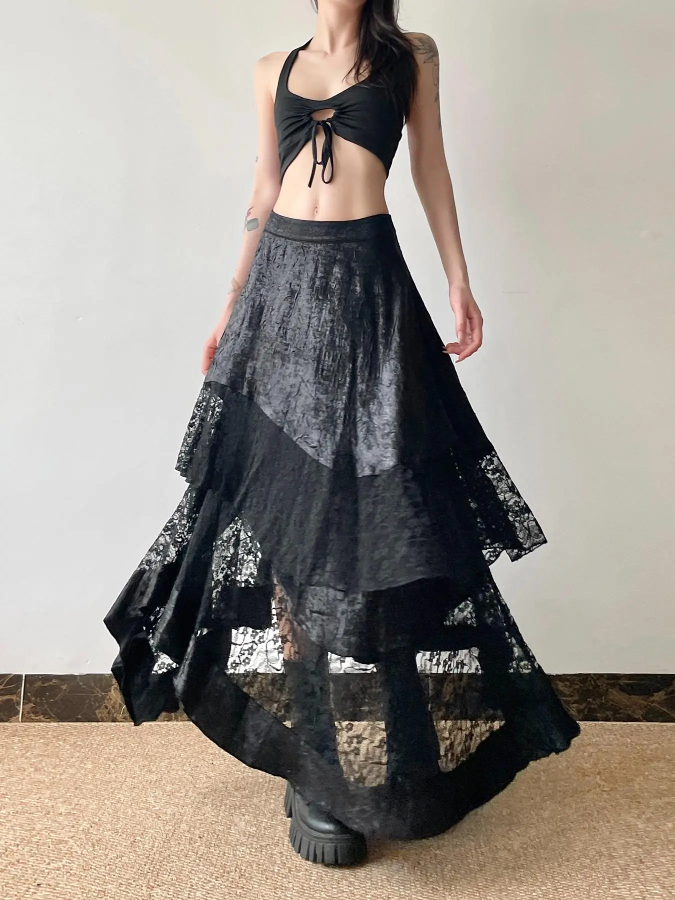 Gothic Irregular Layered Lace Maxi Skirt, Women High Waist Asymmetrical Ruffle Tiered Long Skirt, Dark Academia Egirl Streetwear, Patchwork Lace Skirt