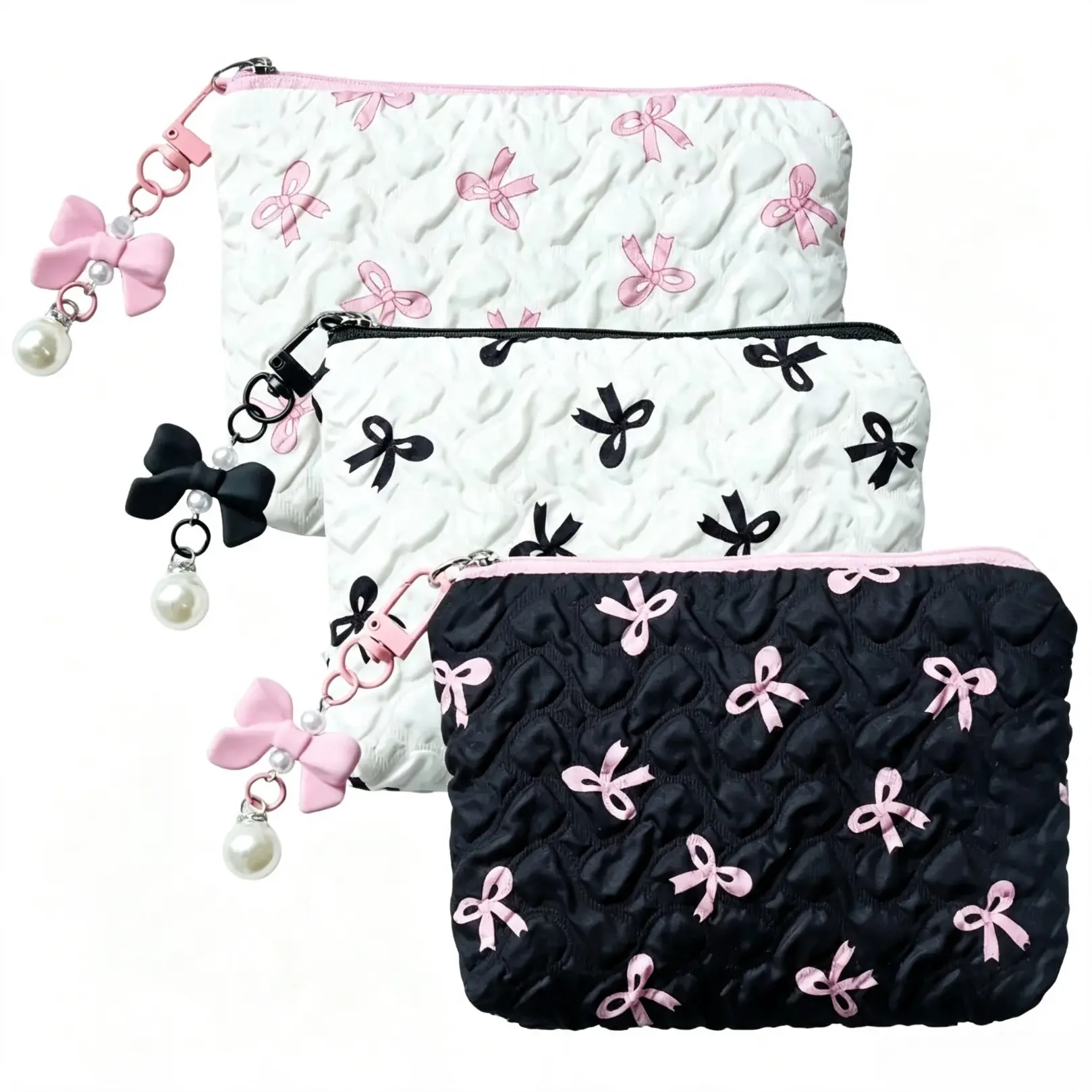 Cute Bow Print PVC Cosmetic Bag - Lightweight Quilted Zipper Pouch with Pearl Clip Bowknot Keychain, Travel-Ready Storage for Cosmetics & Small Items, Daily Collectible Accessory