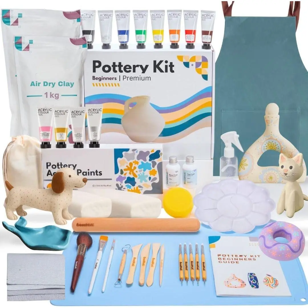 Affordable Pottery Kit for Beginners - 4.4LBS (2kg) Air-Dry Pottery Texture Clay, Sculpting Tools, Molding & Painting Set for Relaxation Bonding DIY Art Crafts (White)