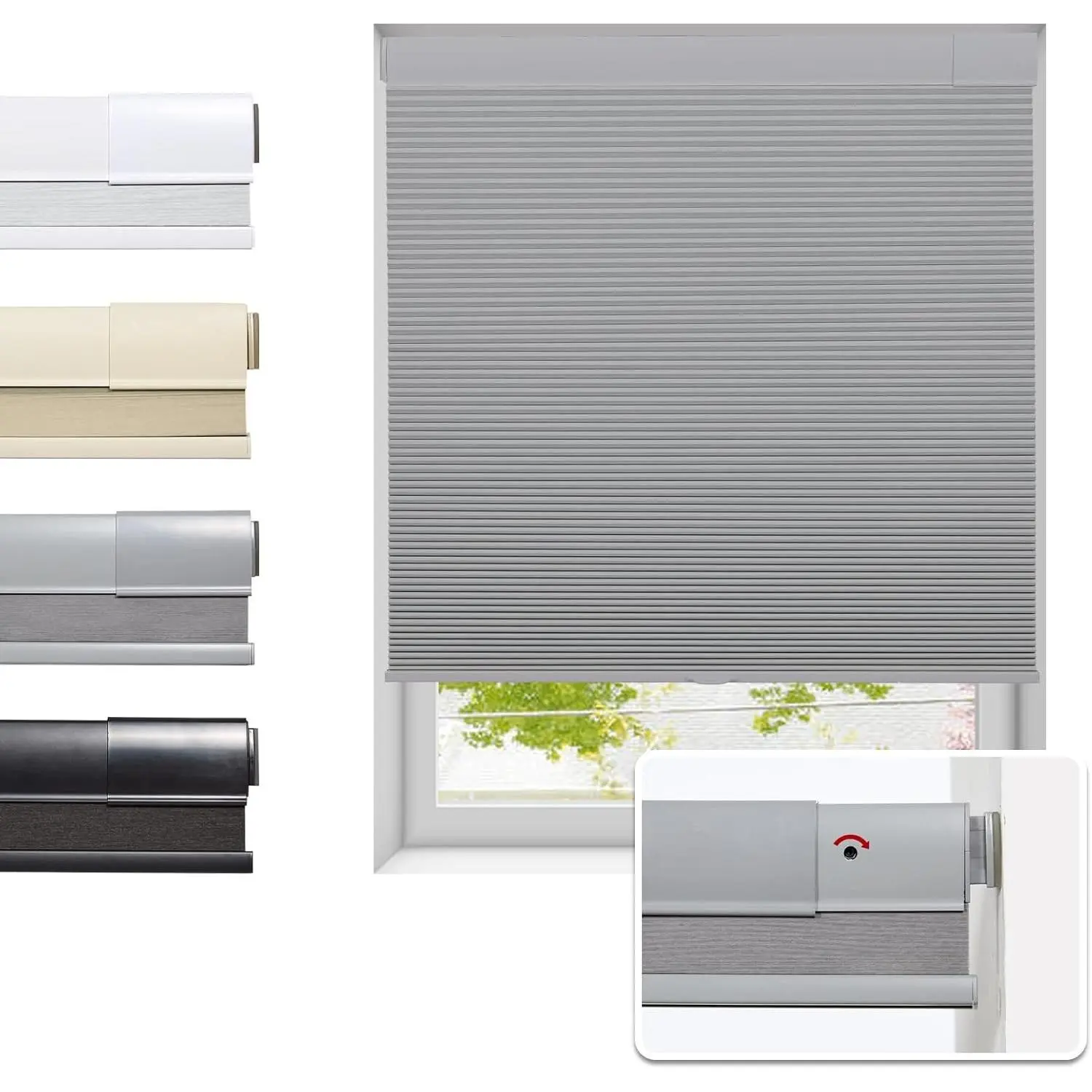 No Drill Cellular Shades for Indoor Windows, Thermal Insulating & Noise Reducing Honeycomb Blinds, Free Stop Cordless Blackout Shades, Grey, 22" W x 64" H