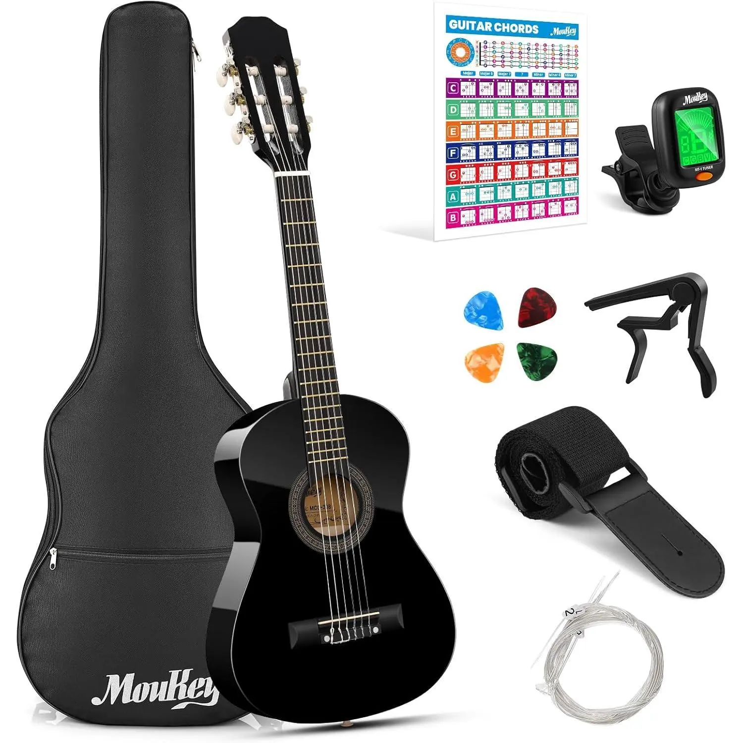 30" Quality Linden Wood 1/4 Size Dreadnought Acoustic Guitar Kit for Beginner Kids - with Chord Poster, Gig Bag, Tuner, Picks, Nylon Strings, Capo, Strap (Black)