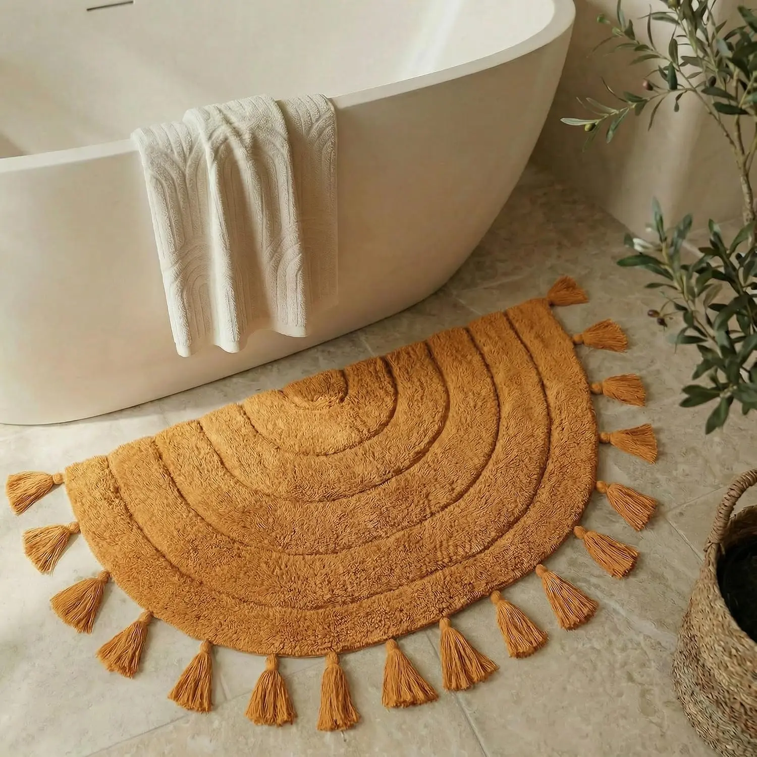 Beautiful Boho Rug with Tassels for Your Bathroom - Soft Half Circle   Mat Fits Perfectly Into Your  - A Cute, Non-Slip and Absorbent Crochet Rug Ideal to  Any Bath/Bedroom Decor