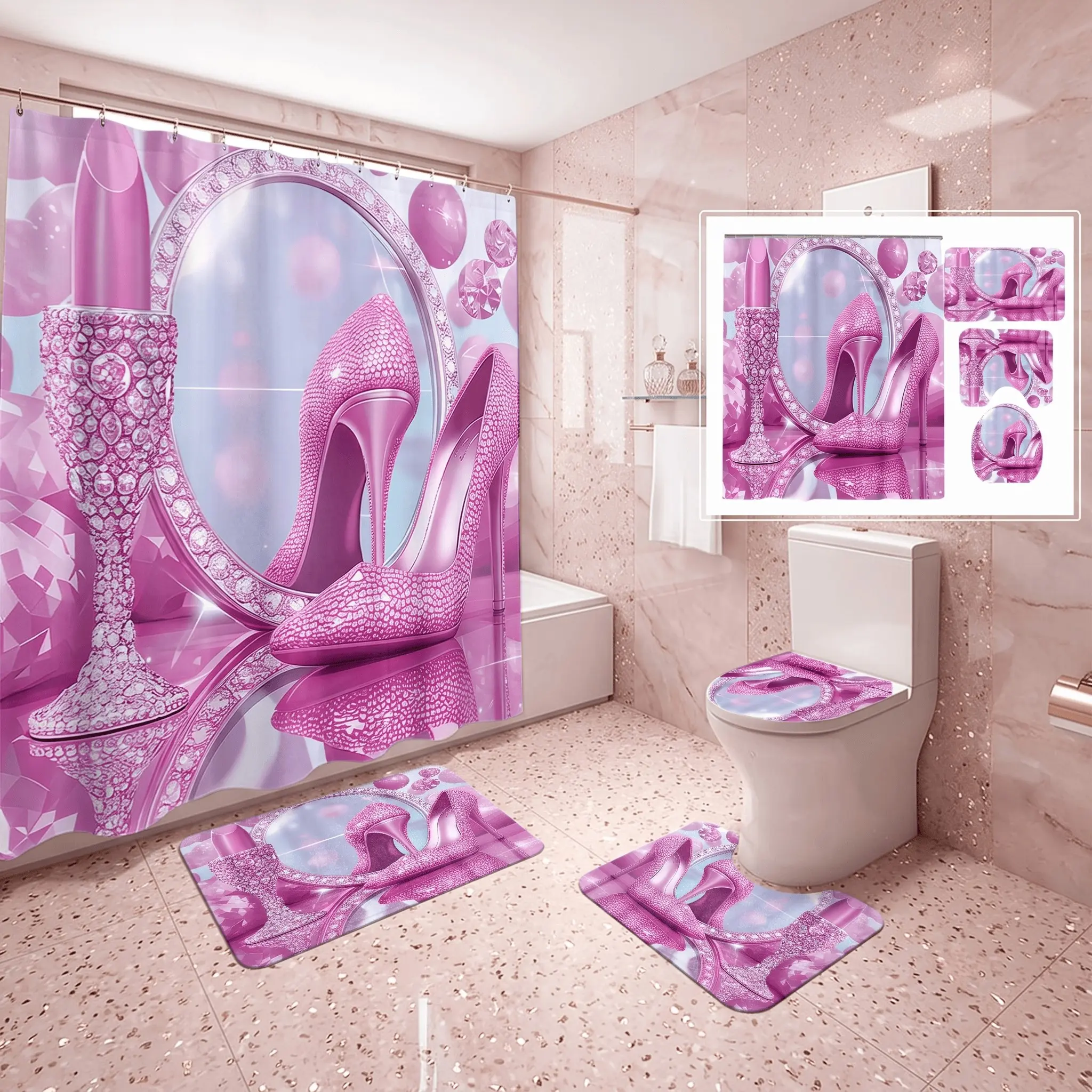 4pcs Glam High Heels Shower Curtain Set, Luxury Diamond Lipstick, Crystal Glass Vanity Mirror, Bath Mats, The floor mat fabric is thicker and softer! Fabric Bath Curtain