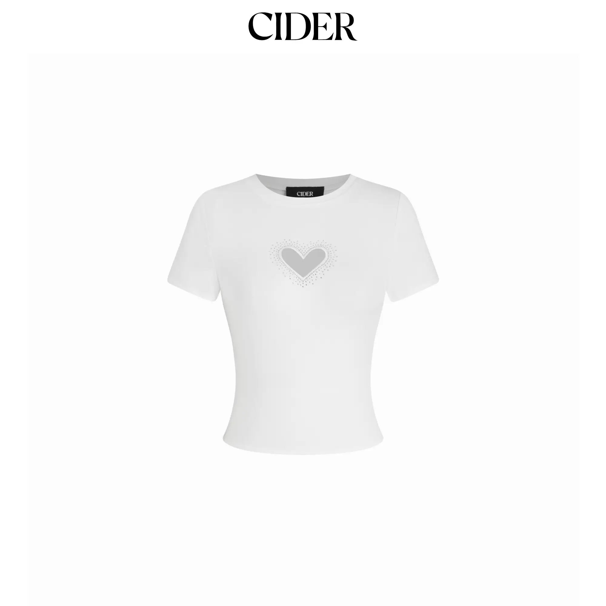 Cider Slim Fit White Cropped Tee with Sparkly Heart Rhinestone Detail - Daily Wear Short Sleeve Shirt