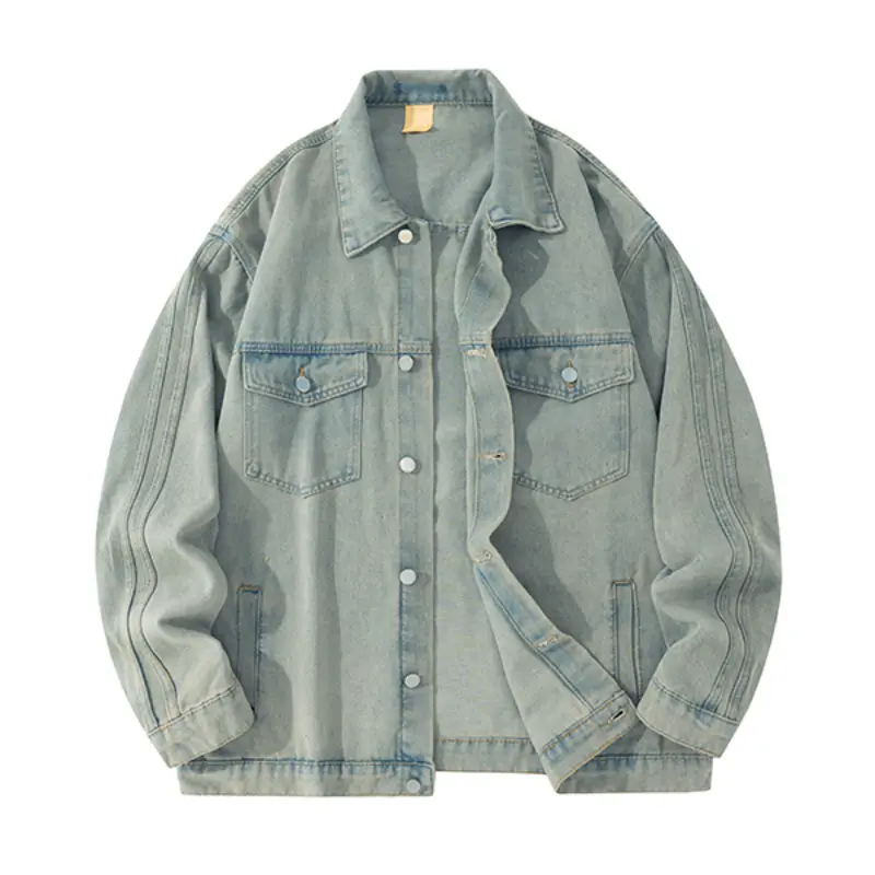Light wash lapel button denim jacket, double flap chest pockets, side slit hand pockets, contrast outer stitching detail, loose oversized casual denim outerwear for spring autumn street layered outfits