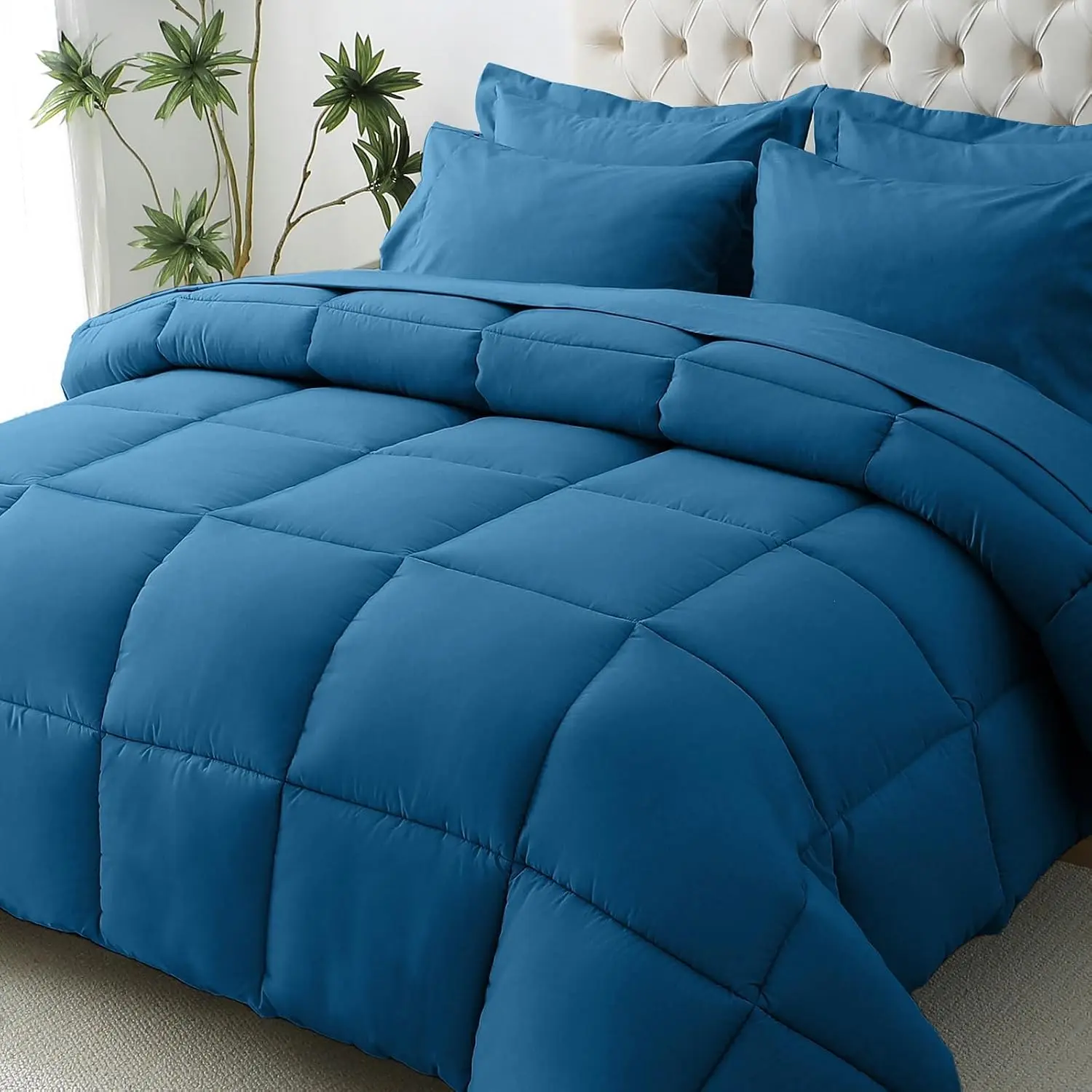 7-Pieces Modern California King Comforter Set, Oeko-TEX Certified Soft Bedding Set with Elastic Fit Grid Quilting Down Alternative Comforter, Sheets, Pillowcases & Shams, Year-Round Teal Bed in a Bag