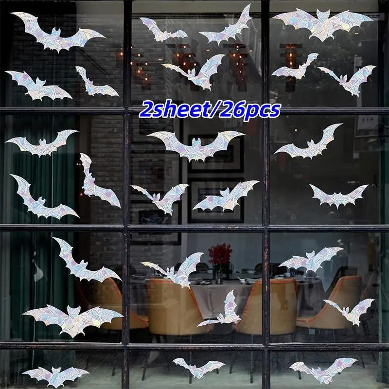 26pcs Retro Halloween Bat Light Catcher Stickers, Rainbow Prism Effect, Anti-Collision PVC Window Decals, Home & Party Decorations