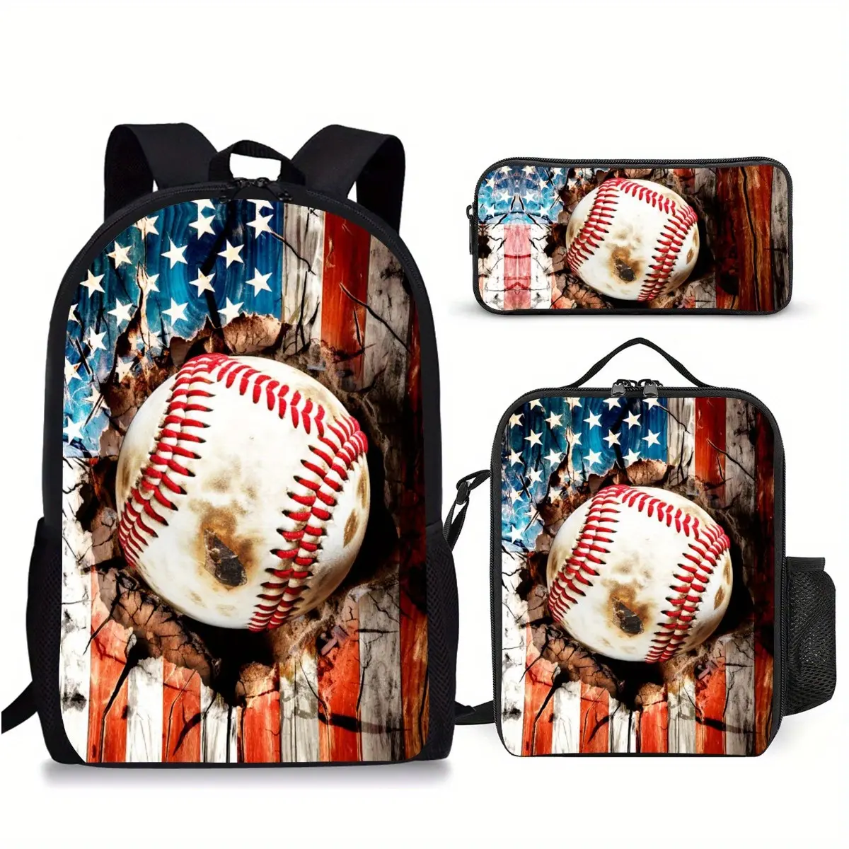 Vintage Baseball Bag Set for Kids and Teens, 3 Piece Coordinated Polyester Backpack with Lunch Bag and Pencil Case for Back to School, Rust, Zippered, 3-Pieces, Baseball Theme