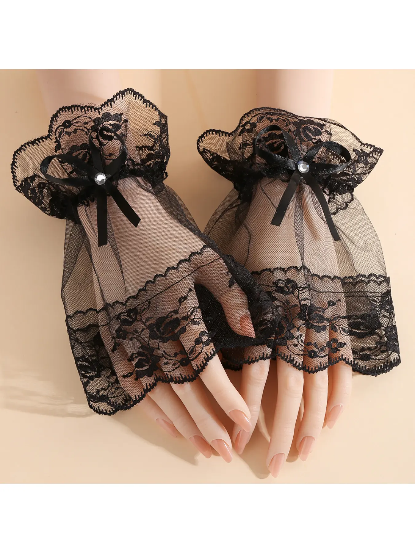 Women's Lolita Black False Cuffs Short Tulle Lace with Bowknot for Bridal Wedding and Daily Long Dress Decoration