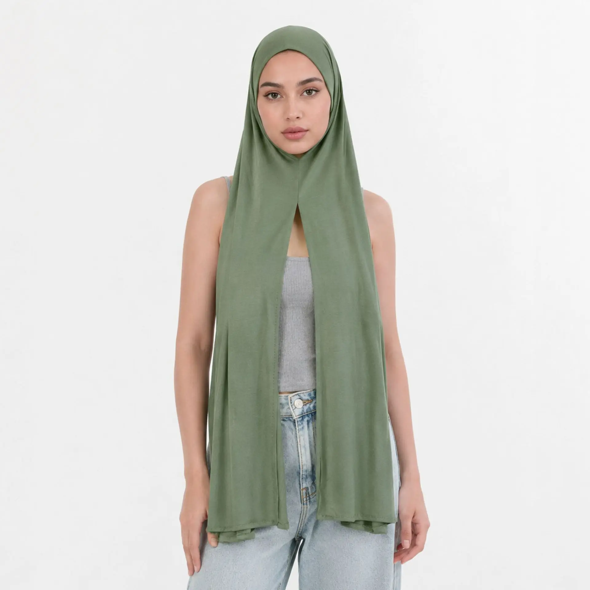 Sage Green Jersey Fabric Hijab Scarf - One Size, Pinless Slip-On, Built-In Cap, Breathable, Effortless Drape, Modest Sports Headwrap for Everyday Wear