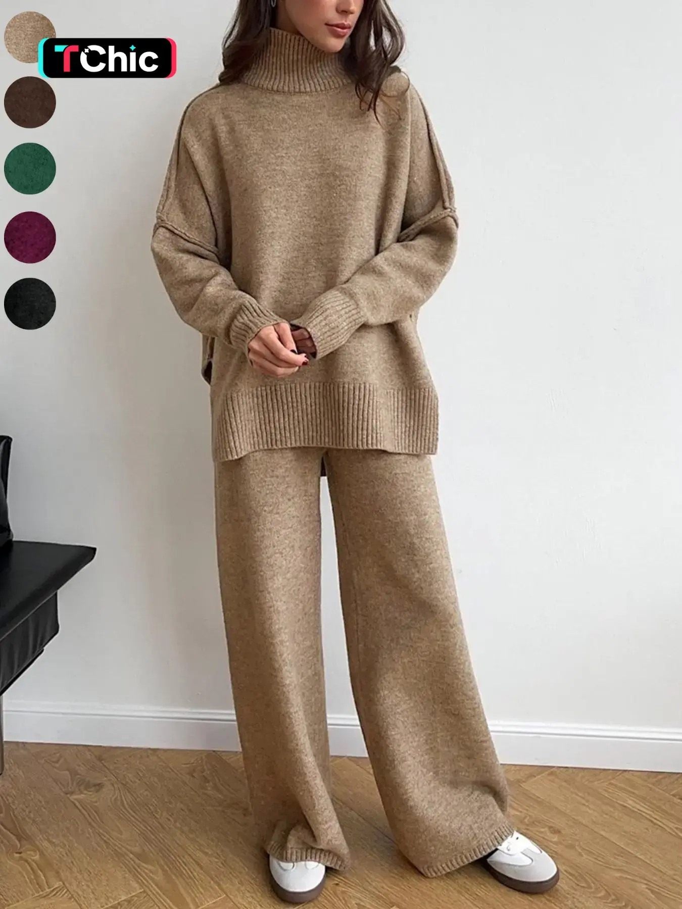 Women's 2 Pcs Solid Color Sweater Set for Autumn Winter, Long Sleeve High Neck Turtle Neck Turtleneck Drop Shoulder Pullover Sweater and Wide Leg Pants, Women's Fall Outfits, Loose Casual Loungewear Set Womenswear