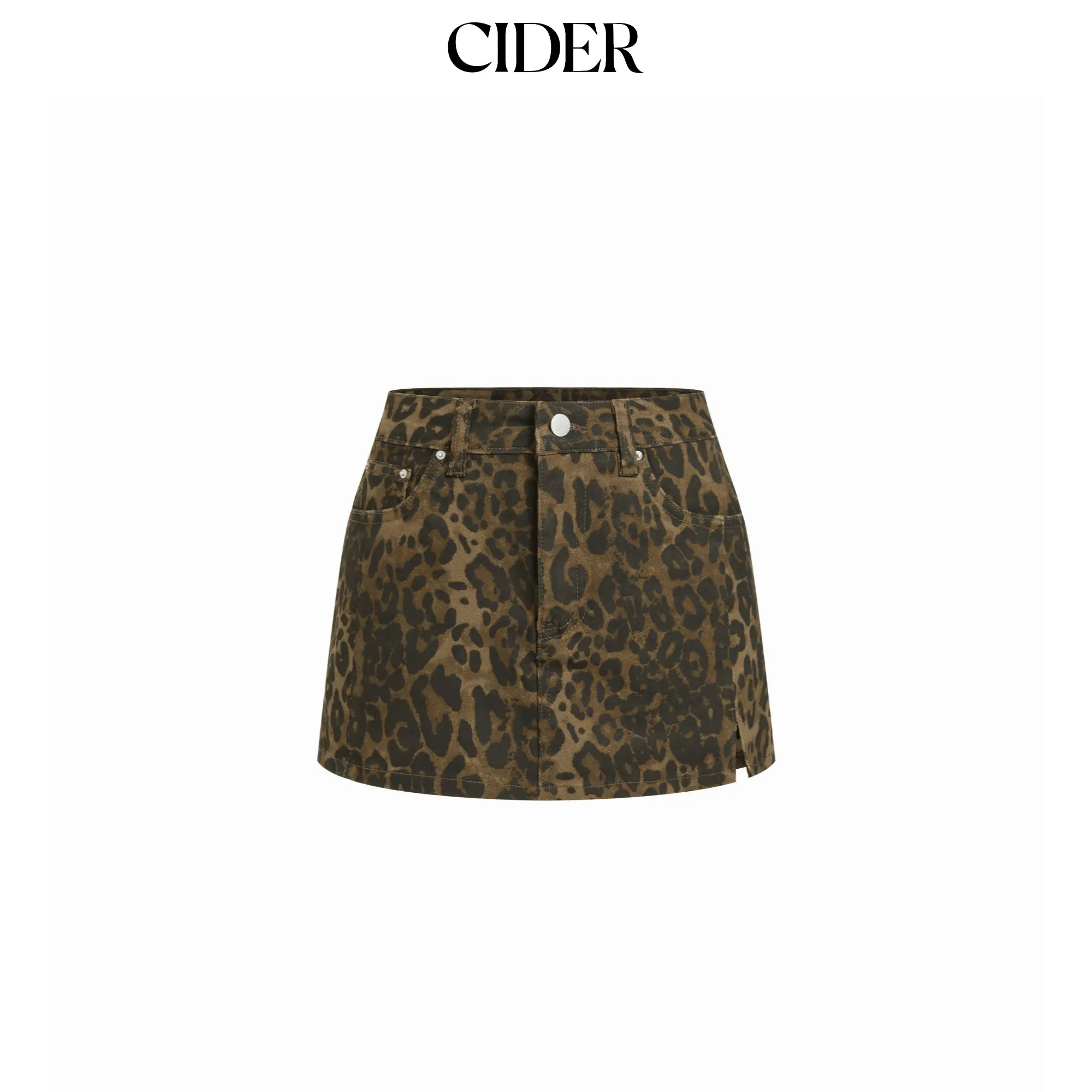 Cider Washed Denim Leopard High Rise Denim Micro Shorts