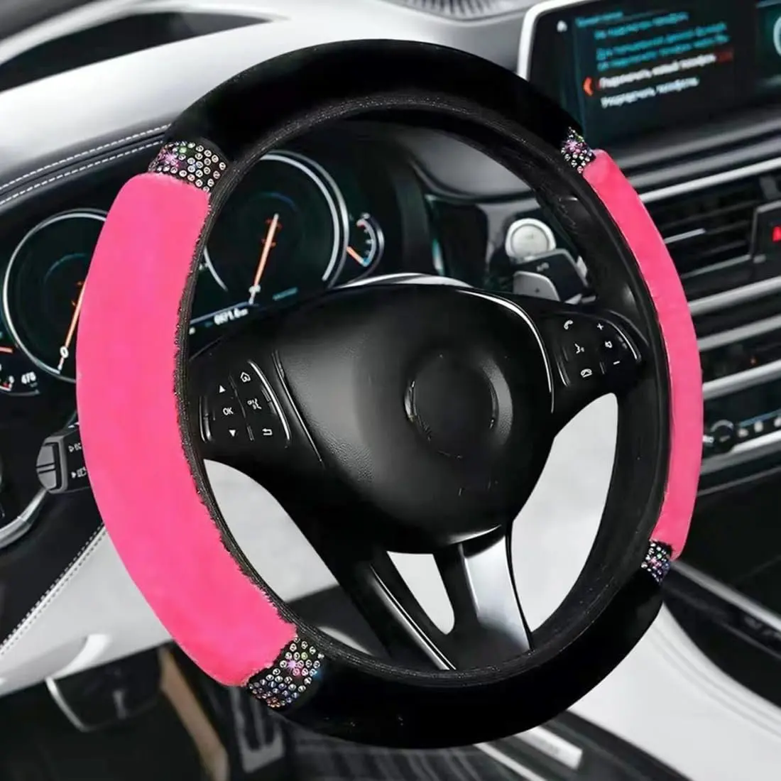 Women's 15-in Elastic Plush Steering Wheel Cover - Rose Red, Heat-Protectant, Anti-Fade, Non-Slip, Bling Rhinestone, Easy-Install Auto Accessory for Standard Cars