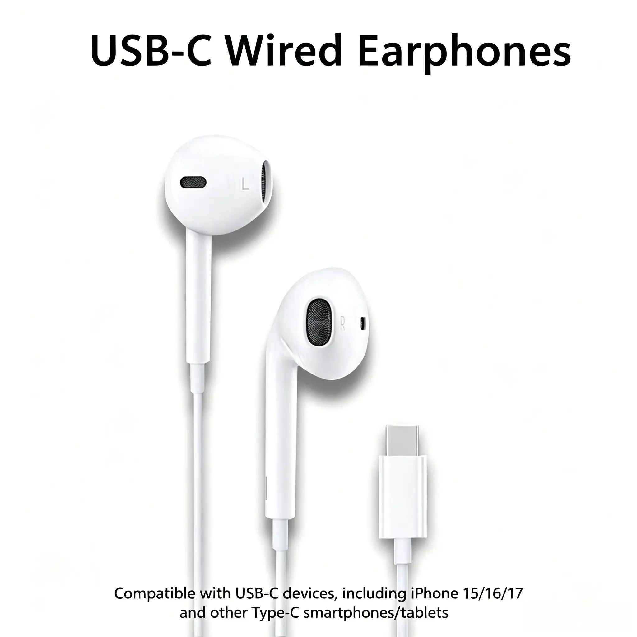 USB-C Wired Earphones with Volume Control, Compatible with USB-C Smartphones & Tablets, Wired Ear Buds for School