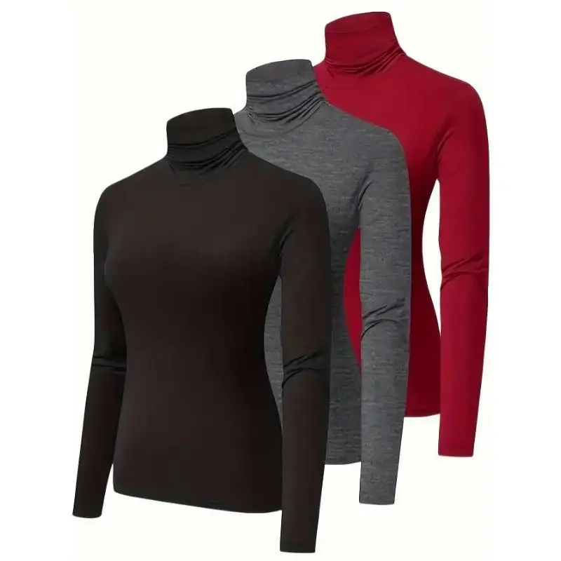 3-Pack Women's Plus Size Simple Thermal Underwear Tops Long Sleeve Turtleneck Soft Polyester Crochet Knitting Solid Comfort Minimalist Set Womenswear Basic Casual