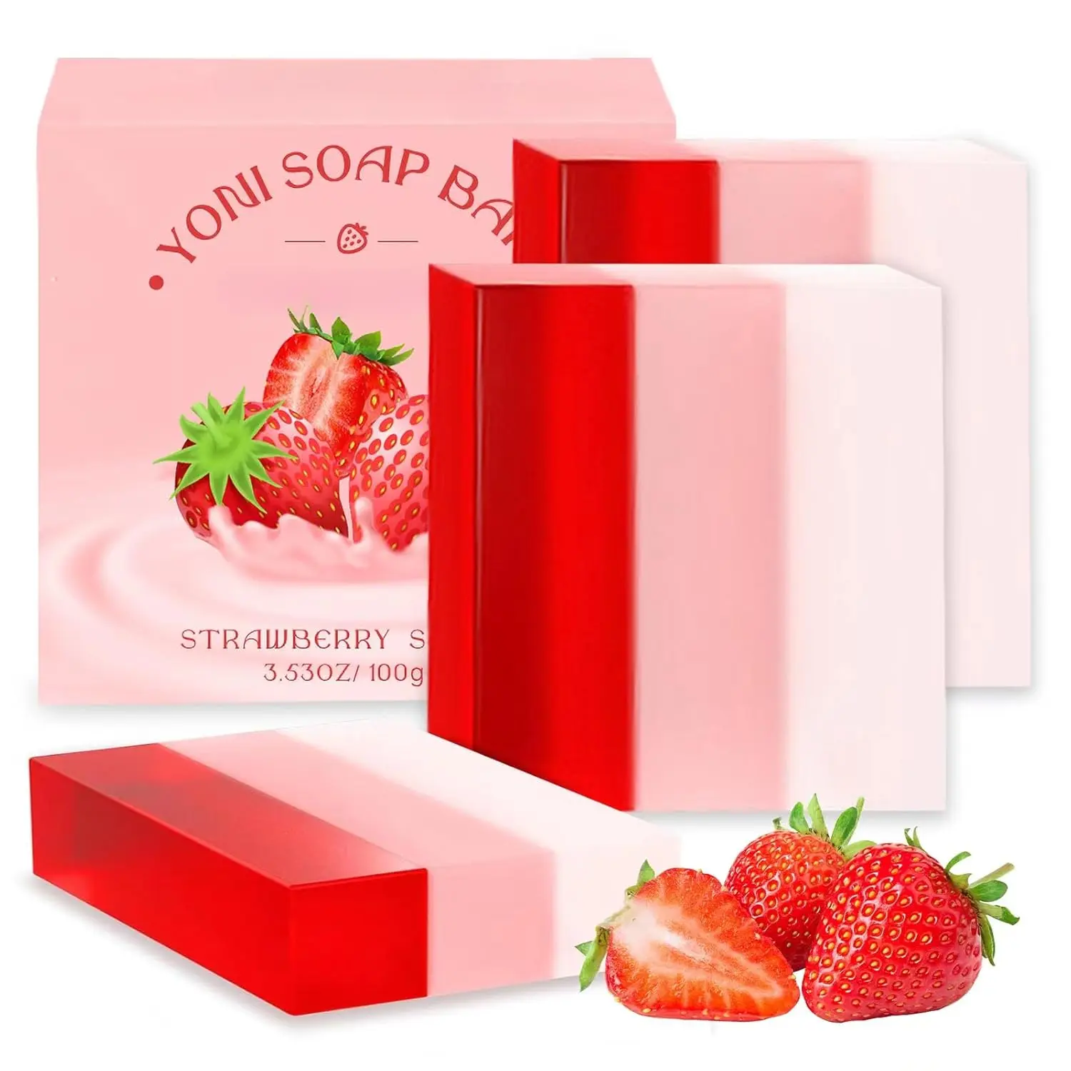 3-Pack Handmade Strawberry Beauty Soap Bars, Gentle Foaming pH-Balancing Hydrating Aromatic Body Cleanser with Coconut Oil, Cleansing Daily Bath & Shower Body Care with Fresh Scent, Natural Soap Bar