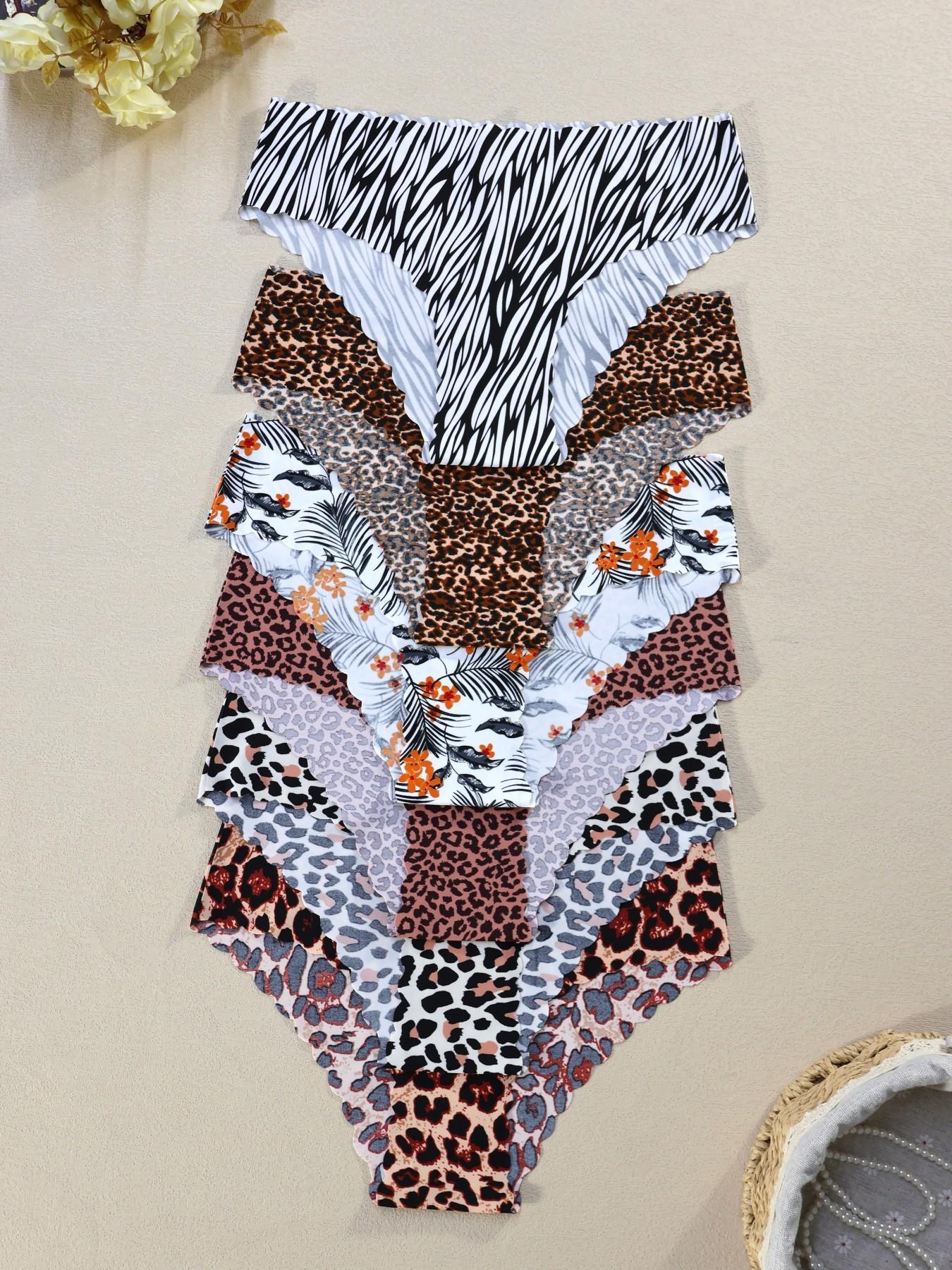 Women's Leopard & Halloween Print Underwear Set, Breathable Seamless Mid-Waist Thong Panties, Casual Fitted All-Seasons Lingerie