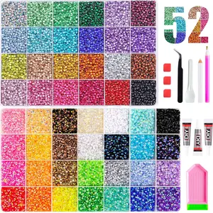 52 Grid 41600+ Mixed Color Ab Rhinestones Set, Includes Glue, Drill Pen, Tweezers, Perfect for DIY Crafts, Clothing, Cups, Shoes, Fabric, Nail Art，52 Colors Assorted Rhinestone Complete Set with Adhesive & Tools, Flatback Crystal Gems for Manicure