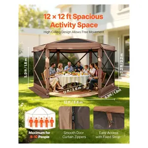 Pop-up canopy mesh tent, 12 x 12 feet large six-sided camping tent, equipped with a detachable top cover and carrying bag, quick to set up and insect-proof, suitable for 8-10 people, ideal for backyard patios, brown