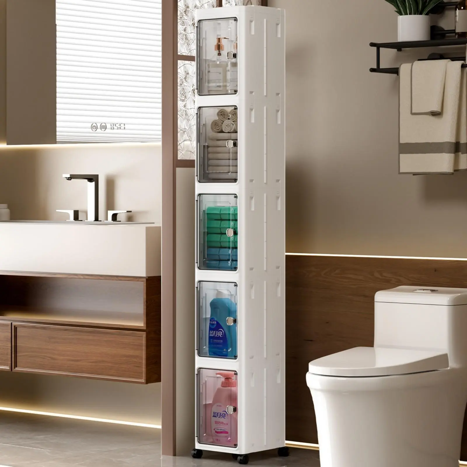 Nifogo 5-Tier Tall Narrow Plastic Storage Cabinet - Single Unit Rectangular Slim Organizer with Doors, Adjustable Shelves, Wheels, Stackable & Collapsible for Small Spaces, Storage Organization, Multi-Size Compatibility