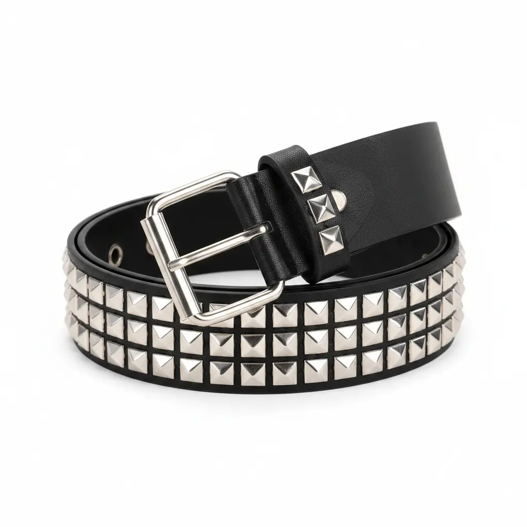 Unisex PU Leather Punk Rock Belt with 3-Row Silver Pyramid Rivets, Stud Accents, Metal Grommets, Adjustable Fit for Men/Women – Gothic Grunge Emo Waistband