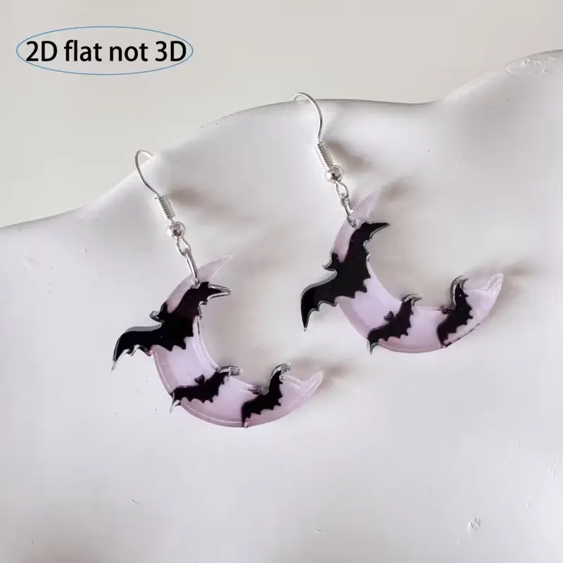 Acrylic Moon Bat Pendant Earrings, Halloween Gothic Punk Creative Jewelry, Festival Party Vacation Essential Accessories
