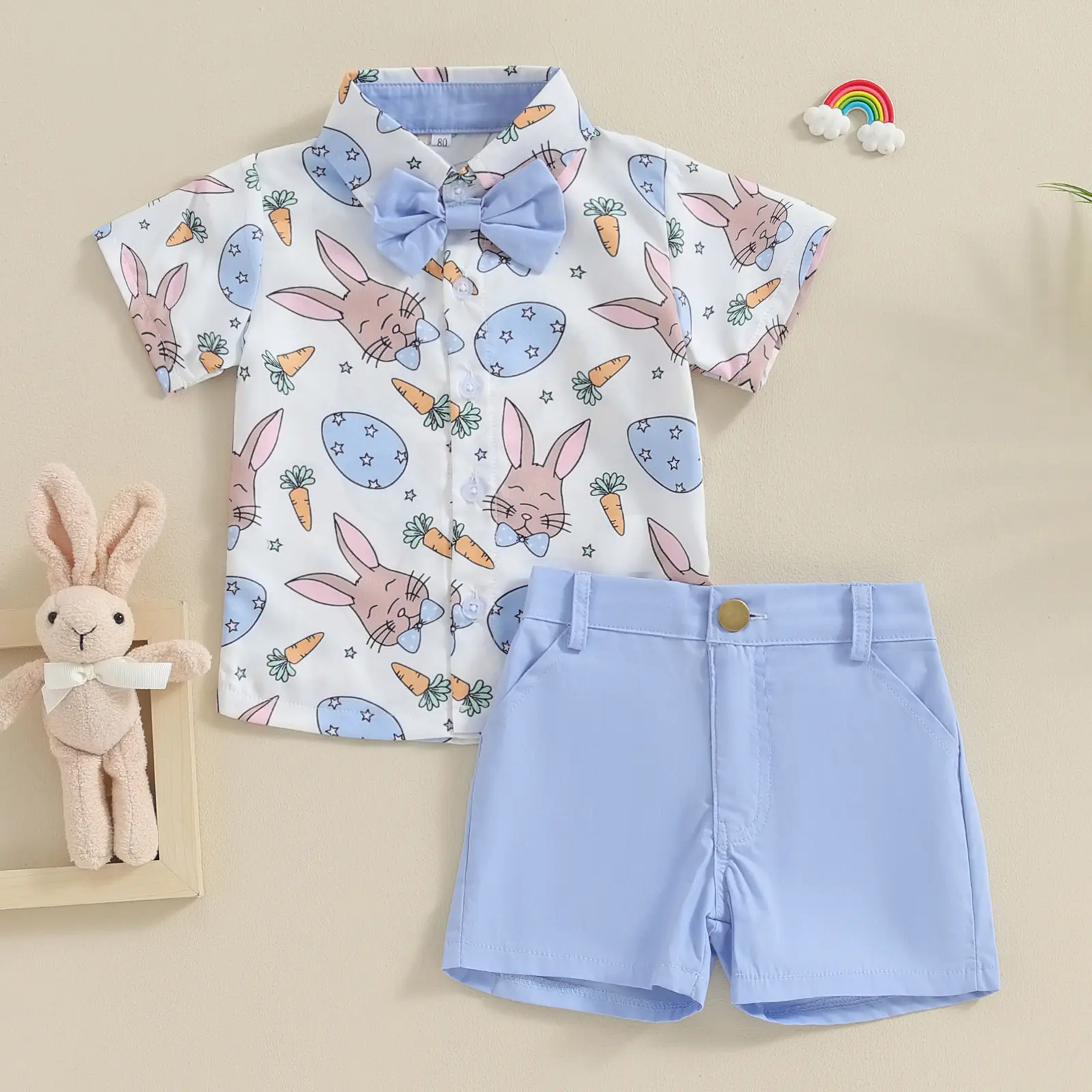 Toddler Boys Easter Outfits Carrot Rabbit Print Bowtie Short Sleeve Shirts Tops and Shorts 2Pcs Summer Clothes Set