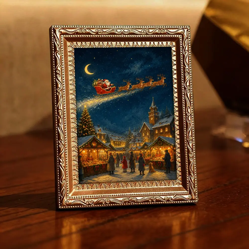 Santa Claus Sleigh Christmas Village Magnetic Refrigerator Magnet, Vintage Ornate Frame Design, Rustic Holiday Home Decor for Christmas Lovers, Families and Collectors