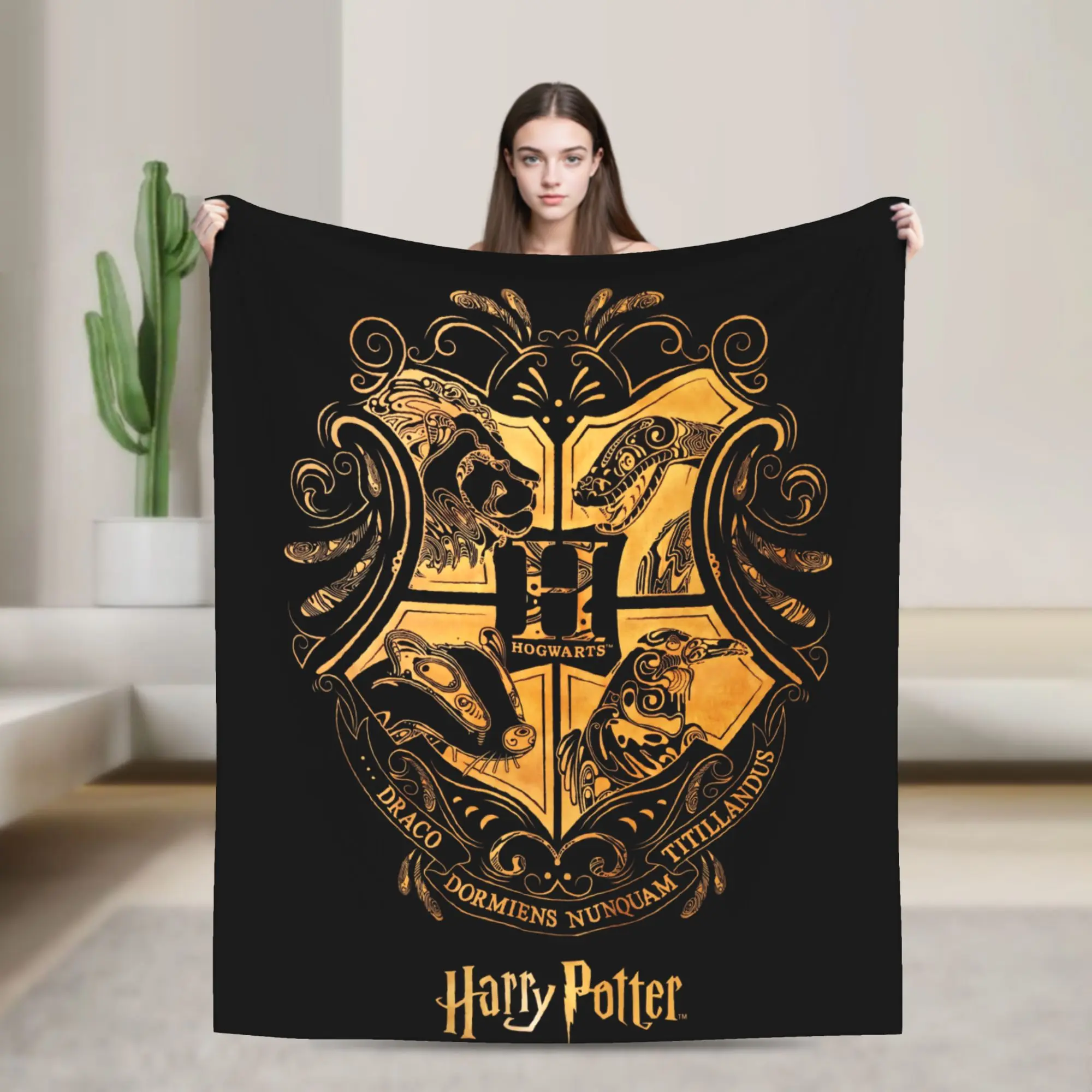 WB Hogwarts Four Houses Crest Flannel Throw Blanket, Vintage Golden Line Wizarding World  Blanket, Harry Potter Fan Couch Bed Decor, Birthday Holiday Gift for Wizard Movie Enthusiasts