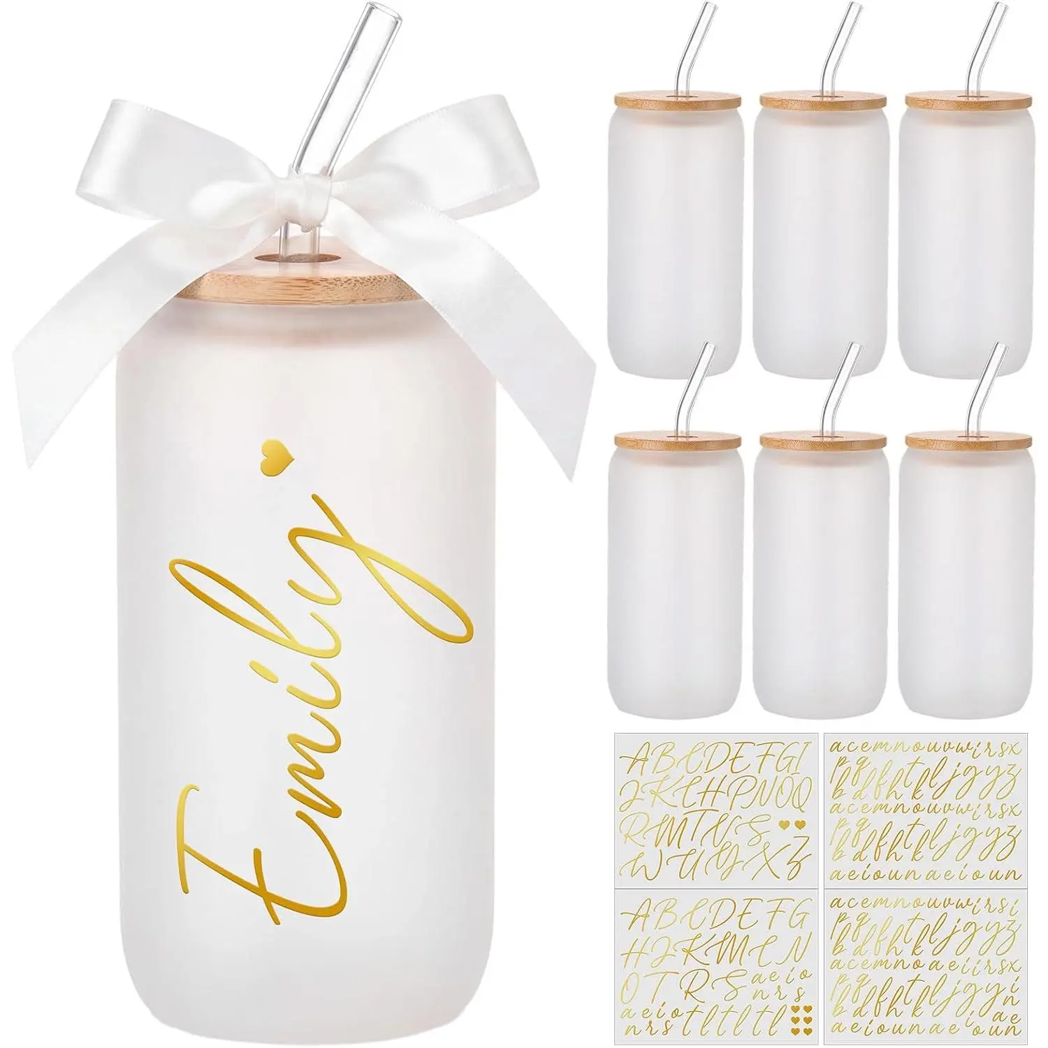 6 Set Frosted Personalized Glass Cups with Name Stickers 16 oz Customized Coffee Cups with   and Glass Straws Ribbon Vinyl Letter  DIY  for Proposal Bridal Shower Birthday