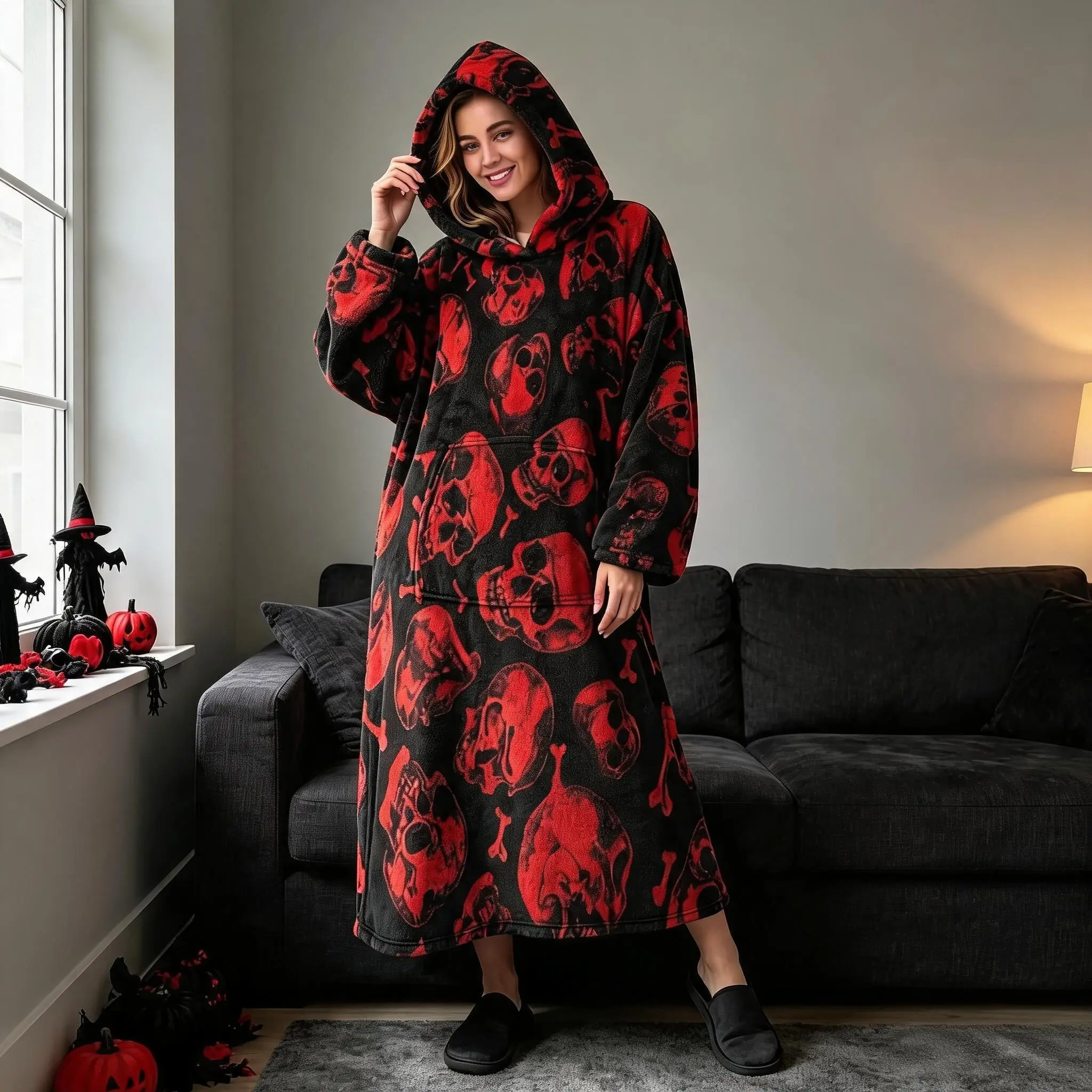 Thick Flannel Wearable Blanket, Couples' Cozy Hooded Blanket with Large Pockets, Soft and Cute Home Blanket, Perfect Gift for Friends and Girls