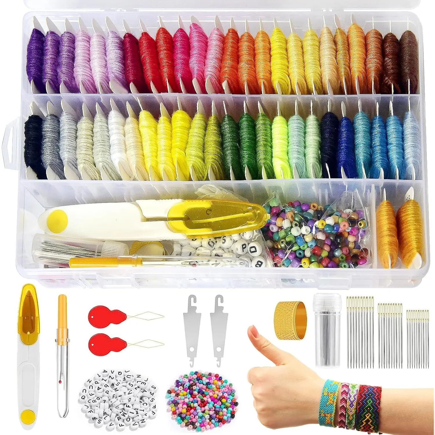 400+Pcs Friendship Bracelet String Kit String Bracelet Making Kit with 50 Skeins Embroidery Floss   Thread, 400 count Friendship Bracelet Beads, 37 count Embroidery Tools and Storage Box