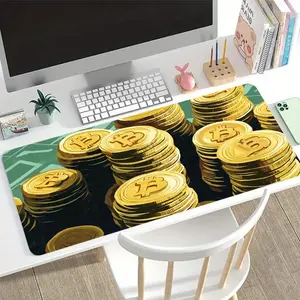A Large Electronic Sports Gaming Mouse Pad Featuring a Stacked Design of Golden Coins with Logos, Equipped with a Non-Slip, Washable Rubber Base. This Oversized Desk Mat Is Perfect for Office Additions, Computer Decorations