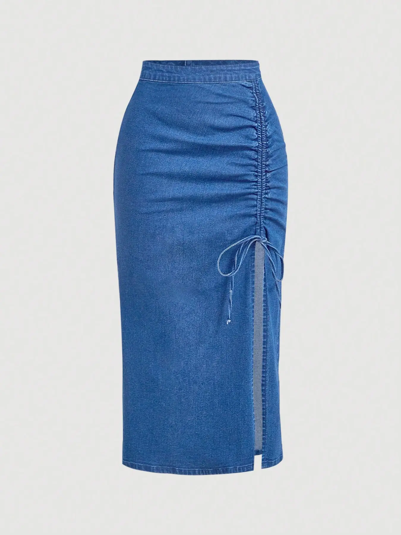 High Elasticity Midi Skirt Women, High Waist Side Drawstring Pleated Split Slim-Fit Jean Half-Pencil Skirt, Casual Fishtail Style