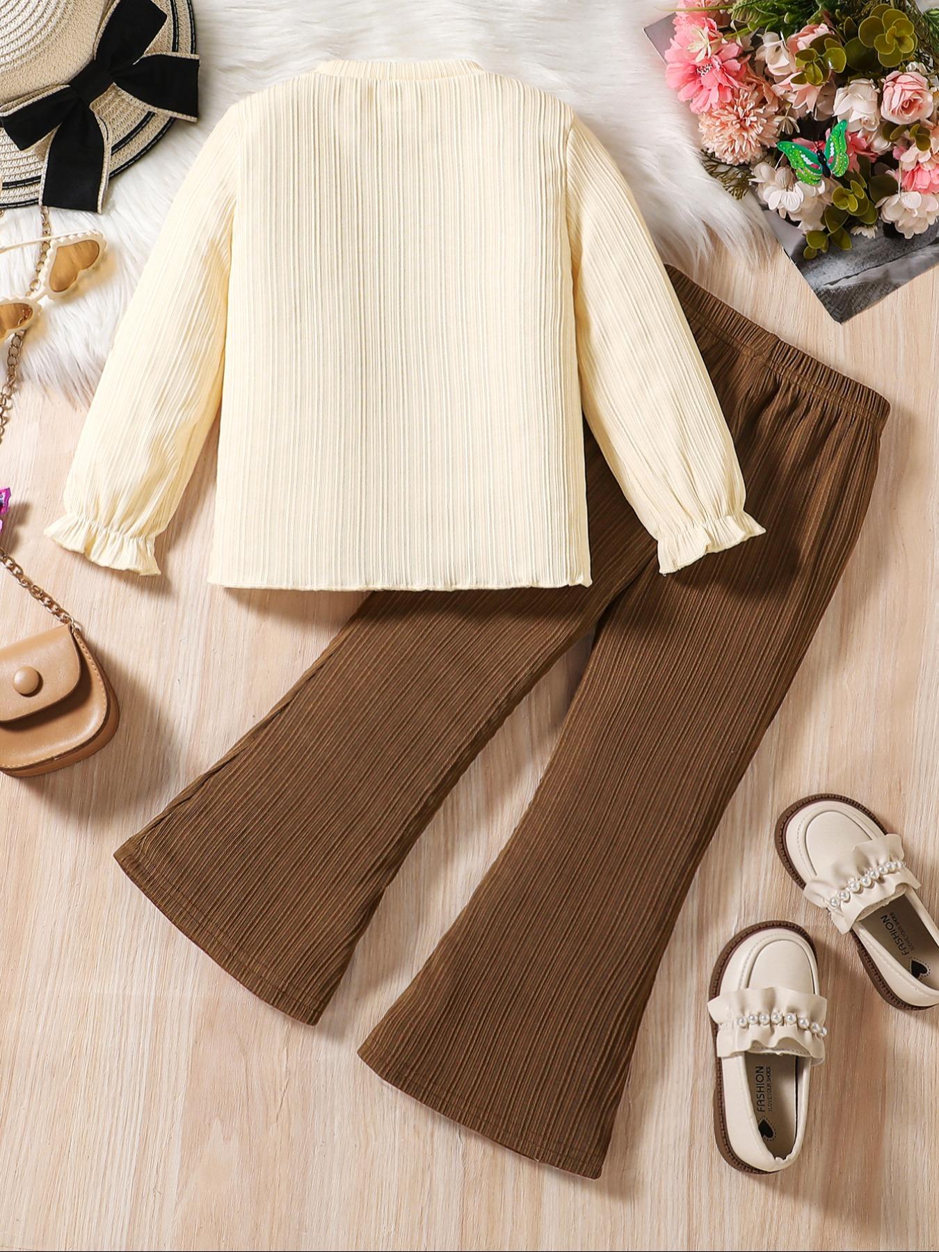 Autumn New Girl Cute Casual Elegant Set, Lotus Hem Long Sleeve Top + Solid Color Elastic Waist Loose Fit Pants, Kids Fashion