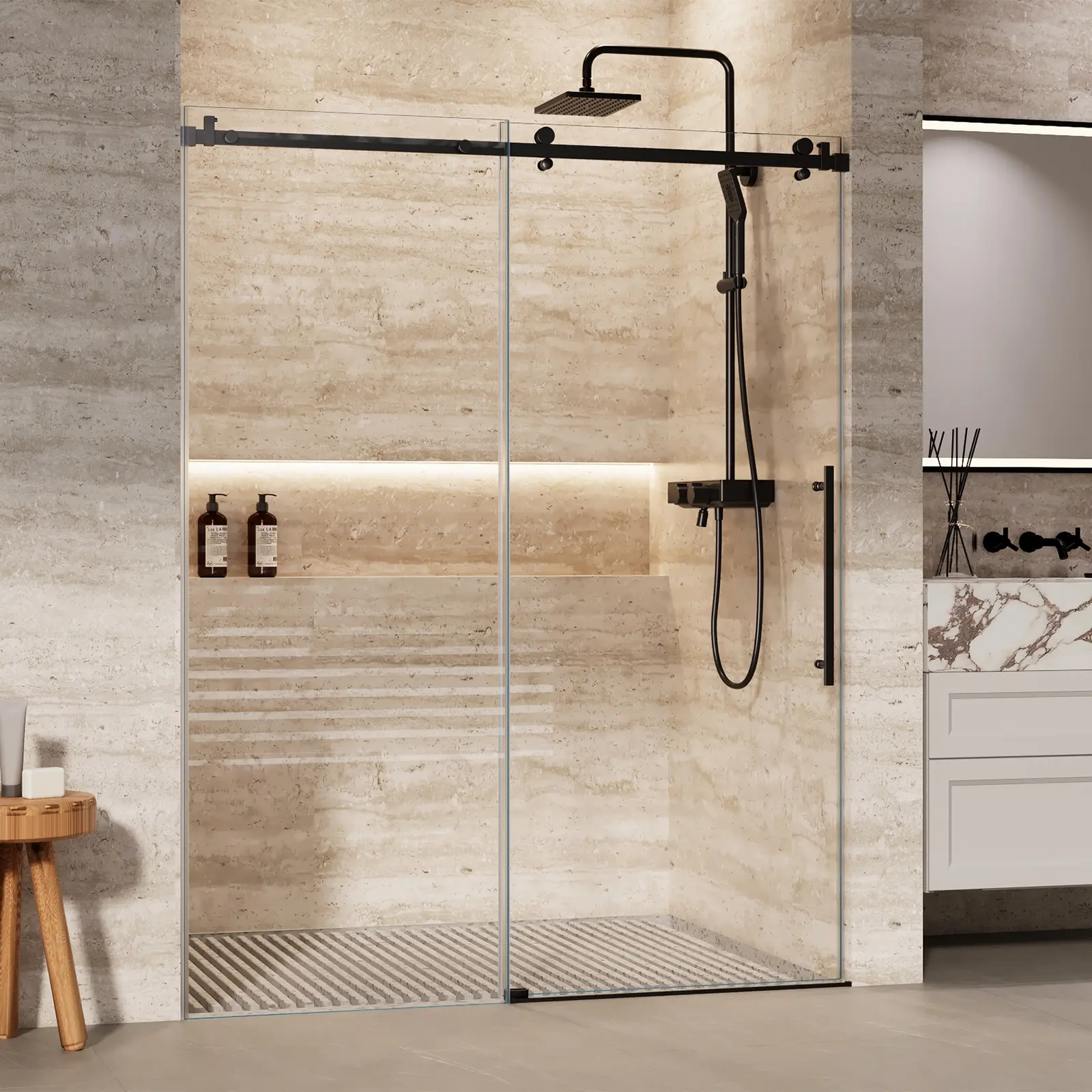 Frameless Sliding Shower Door, 8mm SGCC Clear Tempered Glass Shower Enclosure with Stainless Steel Hardware & Waterproof Seal Strip, Adjustable 56-60" W x 72-75" H Modern Bathroom Sliding Shower Screen