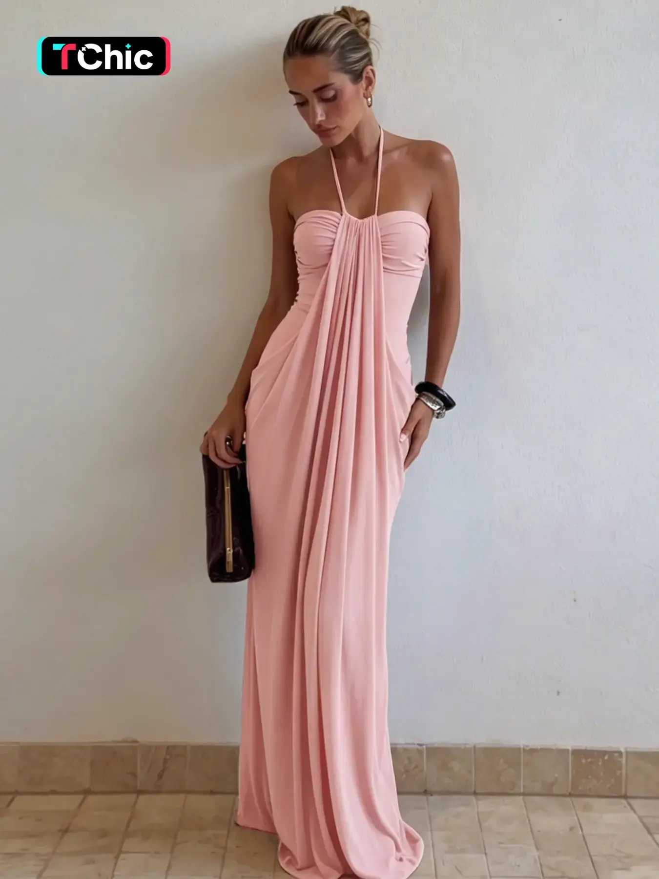 Women's Solid Color Ruched Bodycon Halter Neck Dress, Sexy Sleeveless Strapless Backless Slim Fit Tube Dress, Party Club Date Gown Dress, Elegant Slim Fitting, Casual Daily Maxi Dresses For Ladies Summer