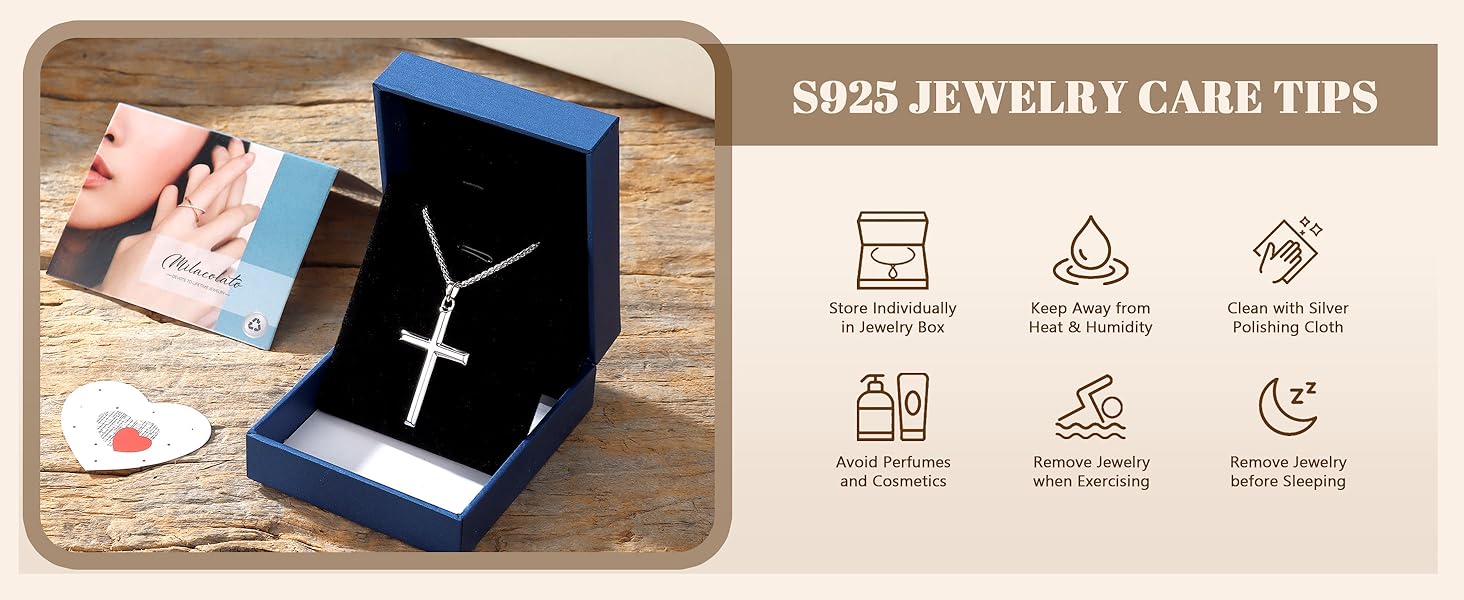 MILACOLATO Solid 925 Sterling Silver Cross Necklace for Men Women, 2mm Diamond-Cut Sterling Silver Chain with Cross Pendant Beveled Edge for Men, Silver Crucifix Cross Necklace Jewelry 16-24 Inches (Cuban Chain/Figaro Chain/Wheat Chain/Rolo Chain)