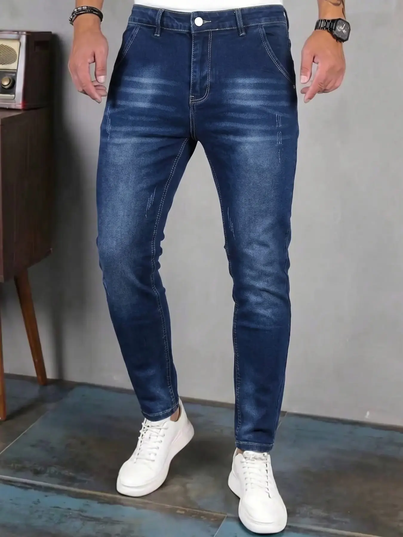 Men's  Stretch Cowboy Denim Jeans Slim Fit Skinny Blue, Button Fly Closure, Plain Pattern, Western Wear Men, All Seasons Classic Fashion Wear