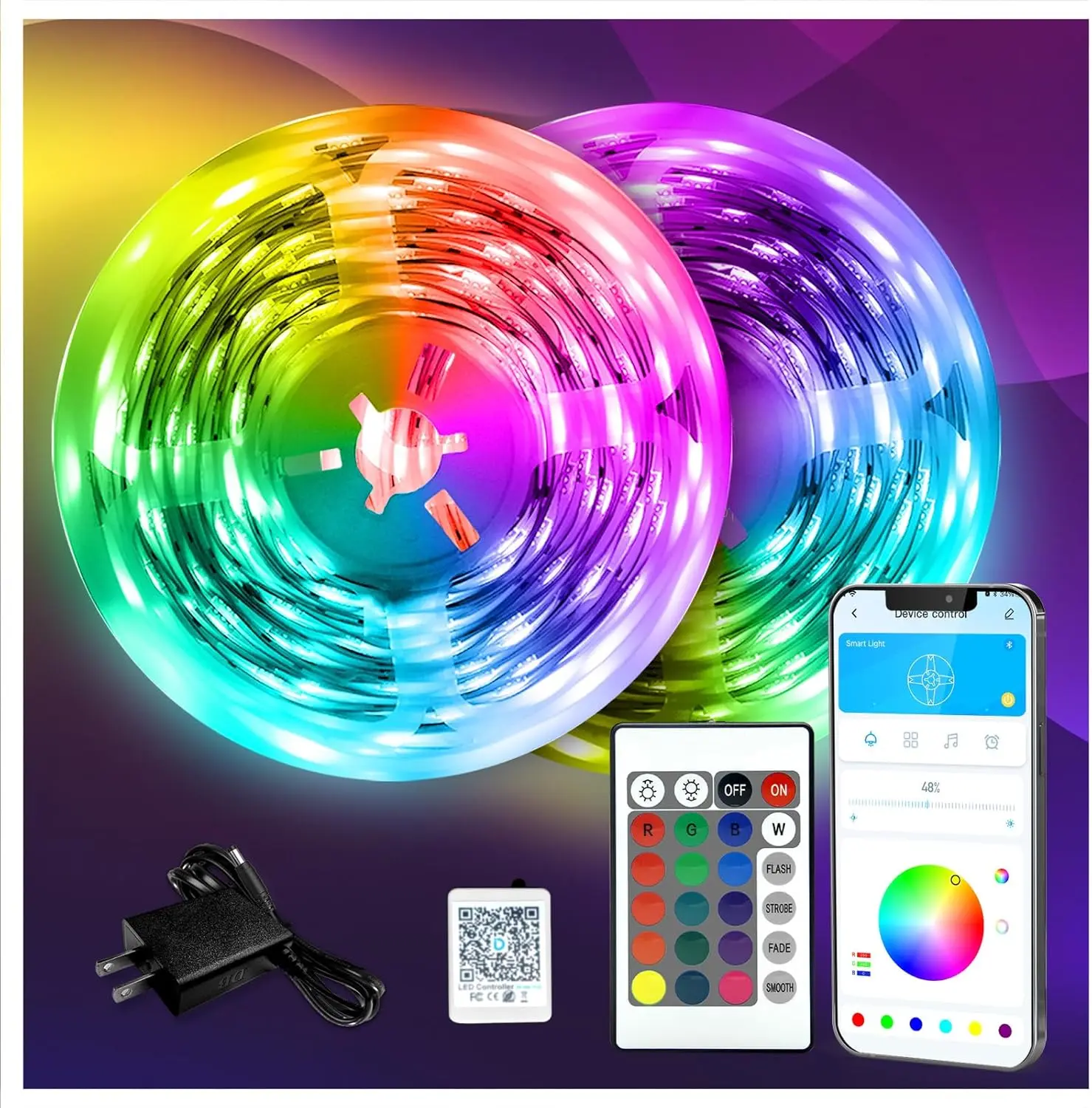 RGB LED Strip Lights (130ft) with Remote Control, 24V Power Supply, for Indoor Use in Bedroom, Desk – Home Decor Birthday Gift
