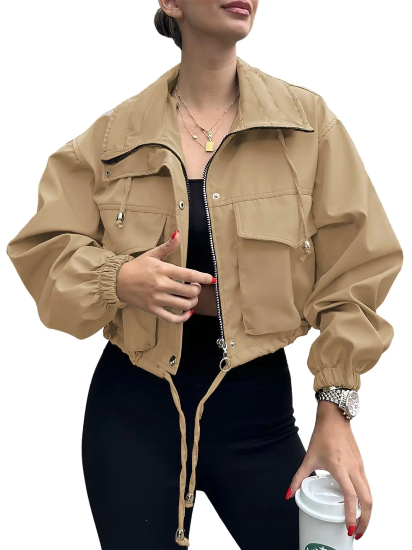 New Fall Winter Women's Short Utility Windbreaker Jacket, Waist Cinch Drawstring, Large Pockets, Loose Fit, Trendy Streetwear