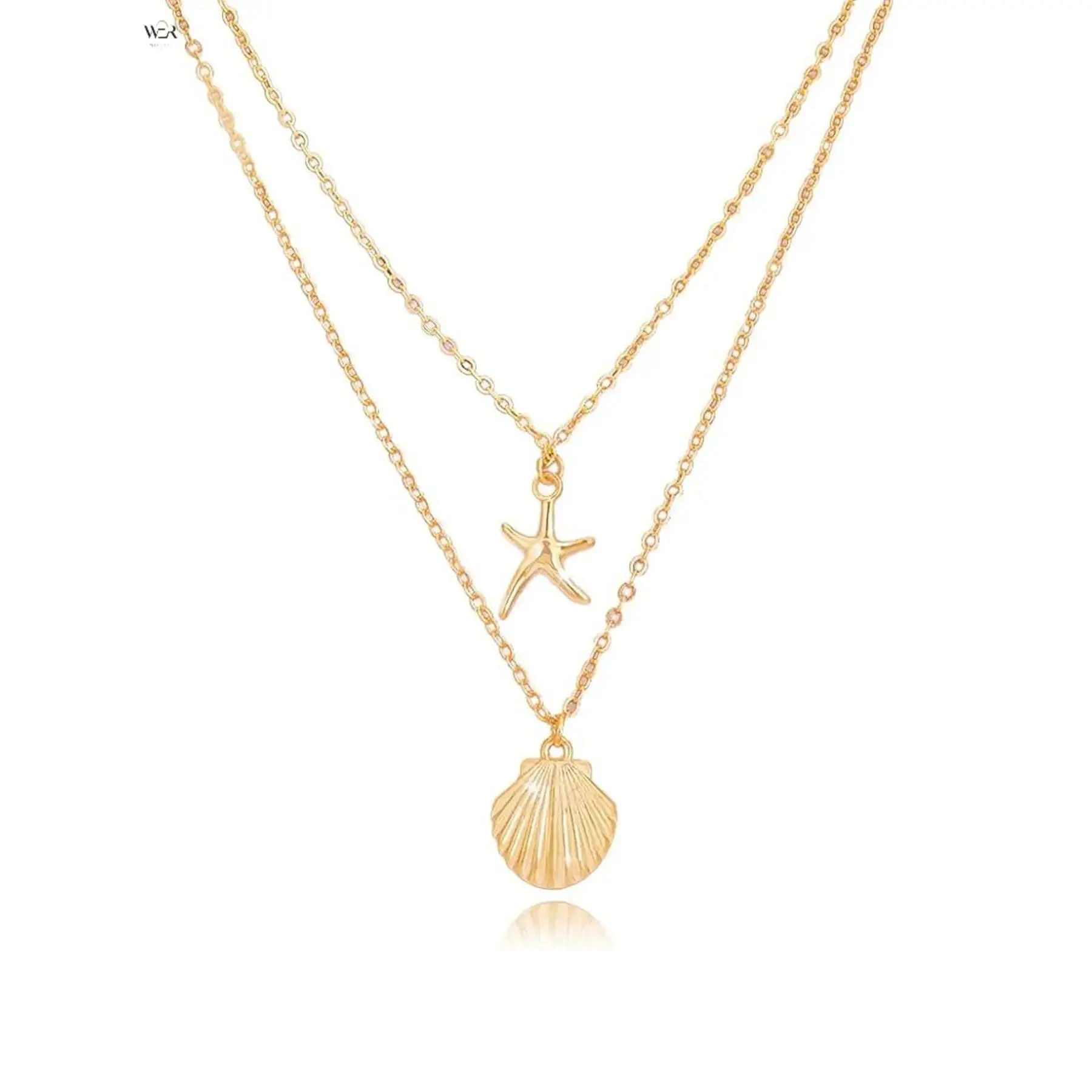 Gold Double Layer Necklace 46cm & 50cm Main Chains + 5cm Extender, Mini Starfish & Seashell Pendants 1.5cm, 8g Nautical Coastal Layering Jewelry for Beach Vacation Daily Wear