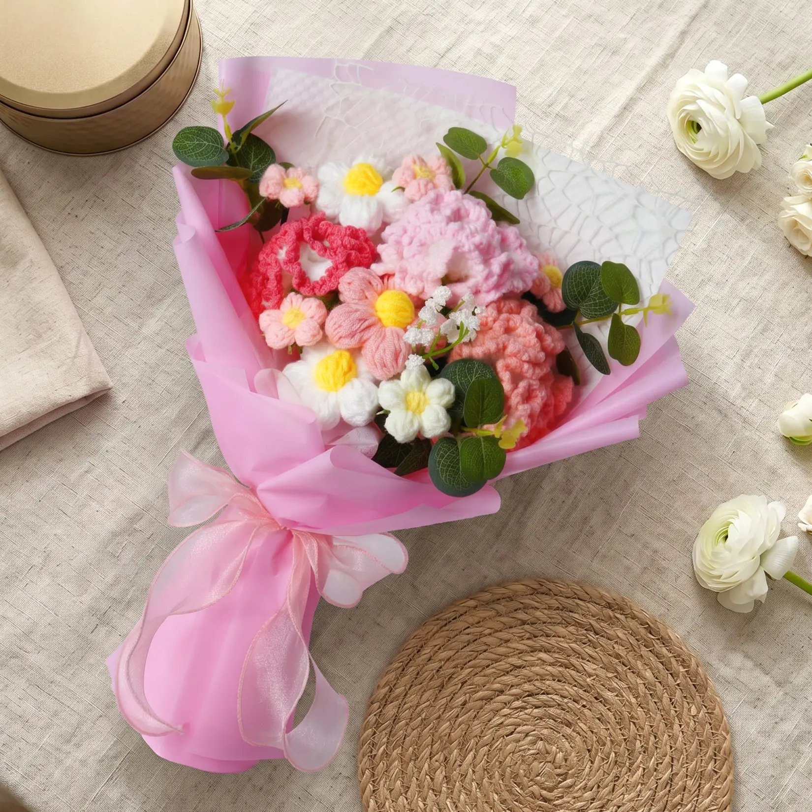 Handmade Yarn Flower Bouquet with Best Wishes Card & Gift Bag – Everlasting Faux Flowers for Home Decor – Thoughtful Gift for Birthday, Mother's Day, Graduation & Special Occasions