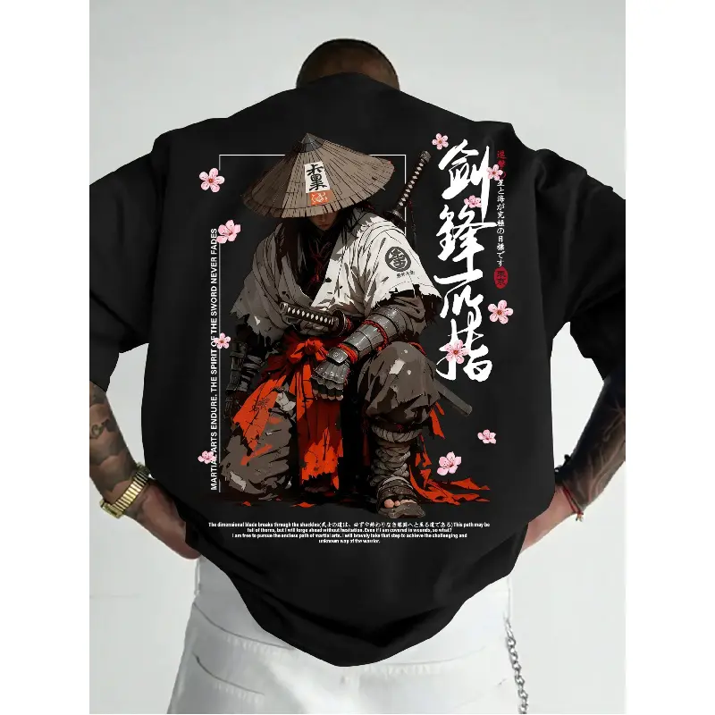 Men's casual sports T-shirt, Japanese ink painting style samurai pattern heat transfer print trendy short-sleeve T-shirt, lightweight and breathable, suitable for daily wear and outdoor leisure activities in summer, regular fit,Cute,Monaco,soft,R,a,guitar