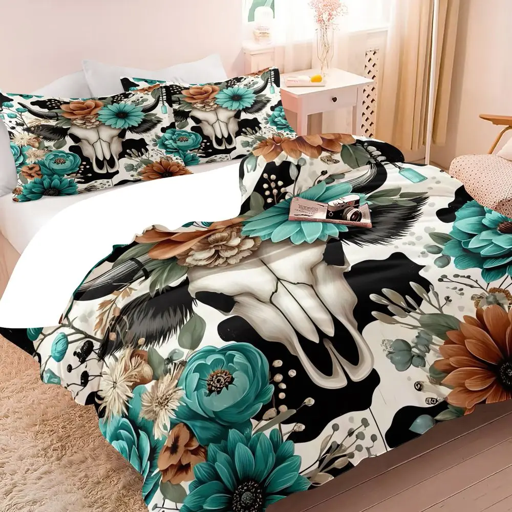 2/3Pcs Boho Cow Skull Floral Duvet Cover Set, Western Farmhouse Decorative Bedding Set with Pillowcase, Rustic Turquoise & Rust Flower Print Soft Bedding for Bedroom Decor No Fillers